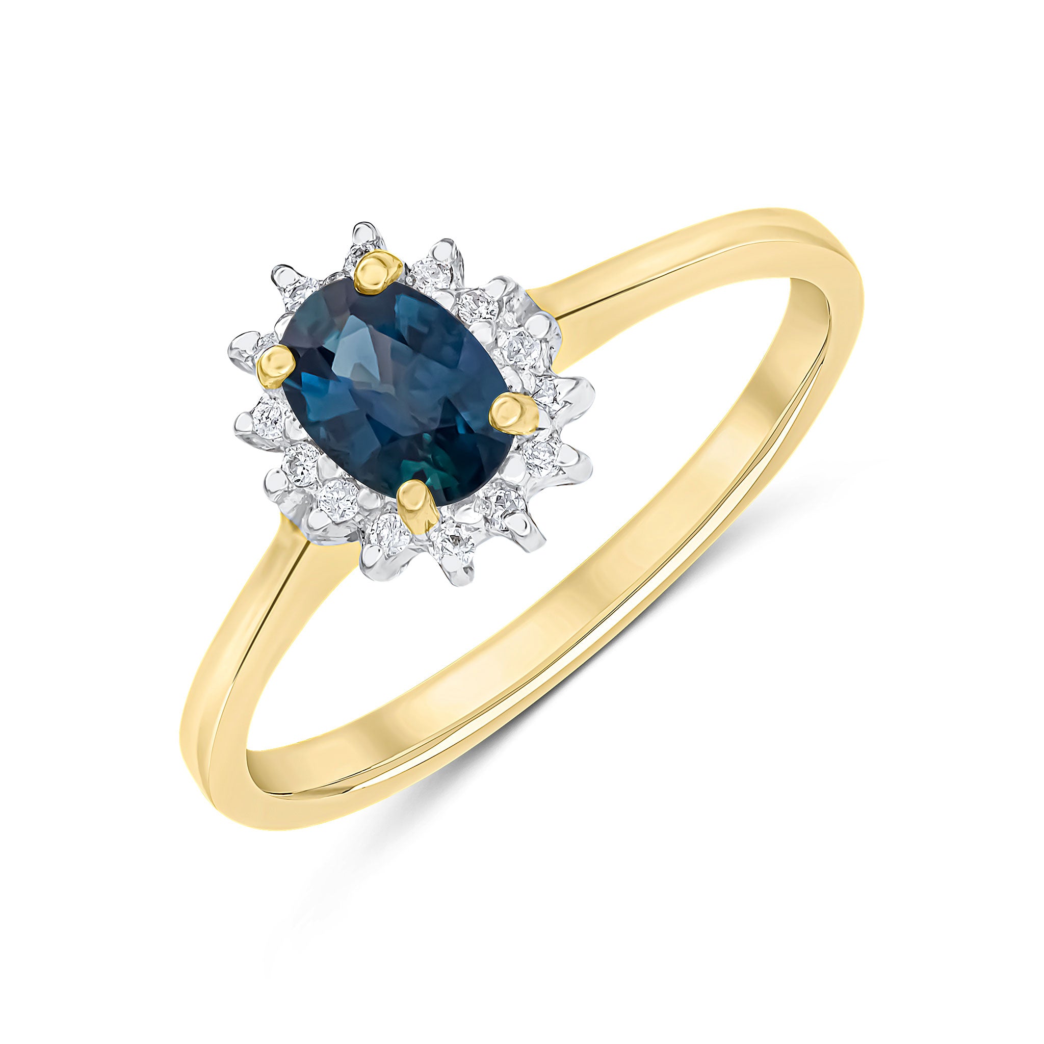 9CT YG 6X4 OVAL SAPPHIRE & DIAMOND CLAW SET CLUSTER RING. RHODIUM TO DIAMONDS 1