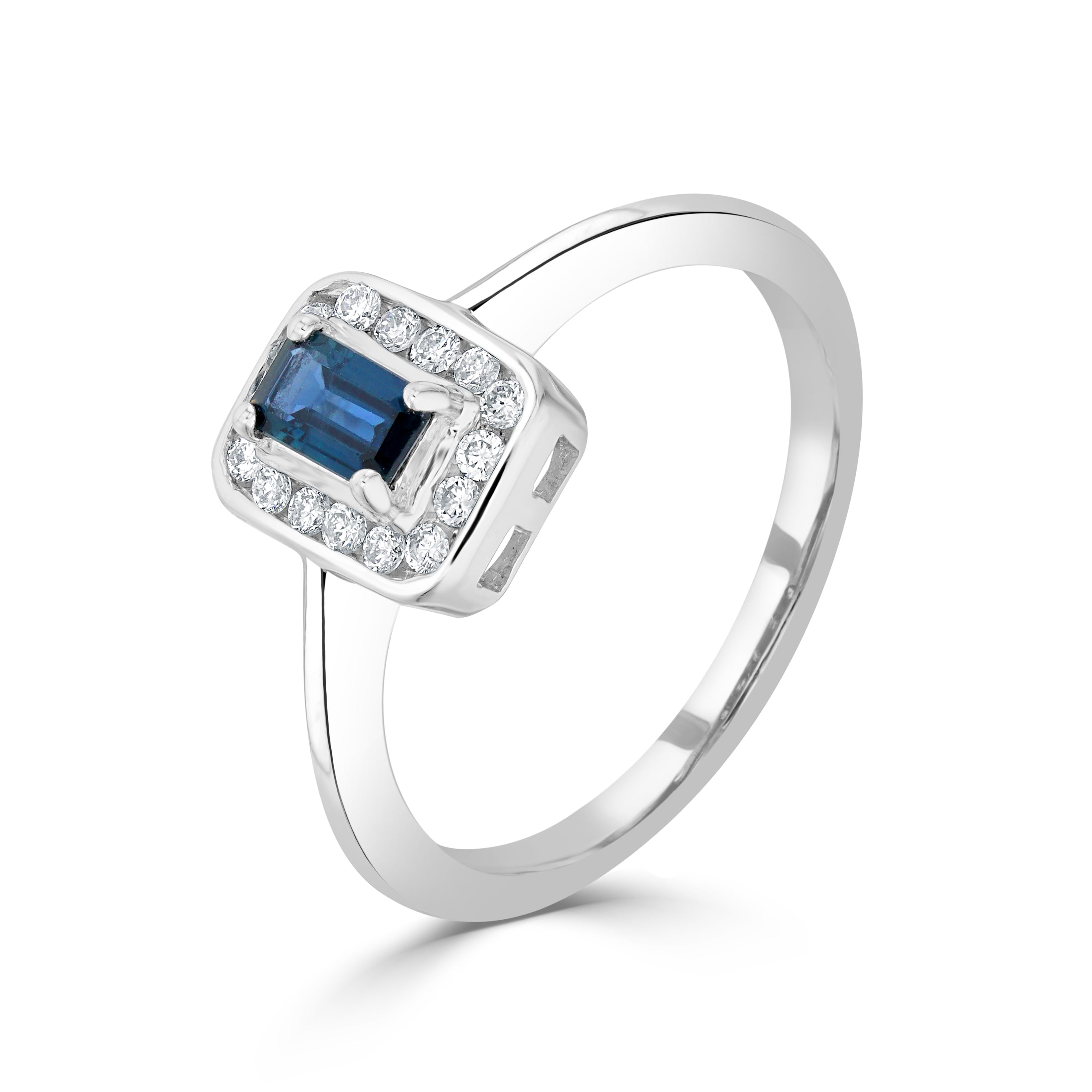 9CT WG CLAW SET 5X3 OCTAGON SAPPHIRE AND CHANNEL SET ROUND DIAMOND CLUSTER RING 1