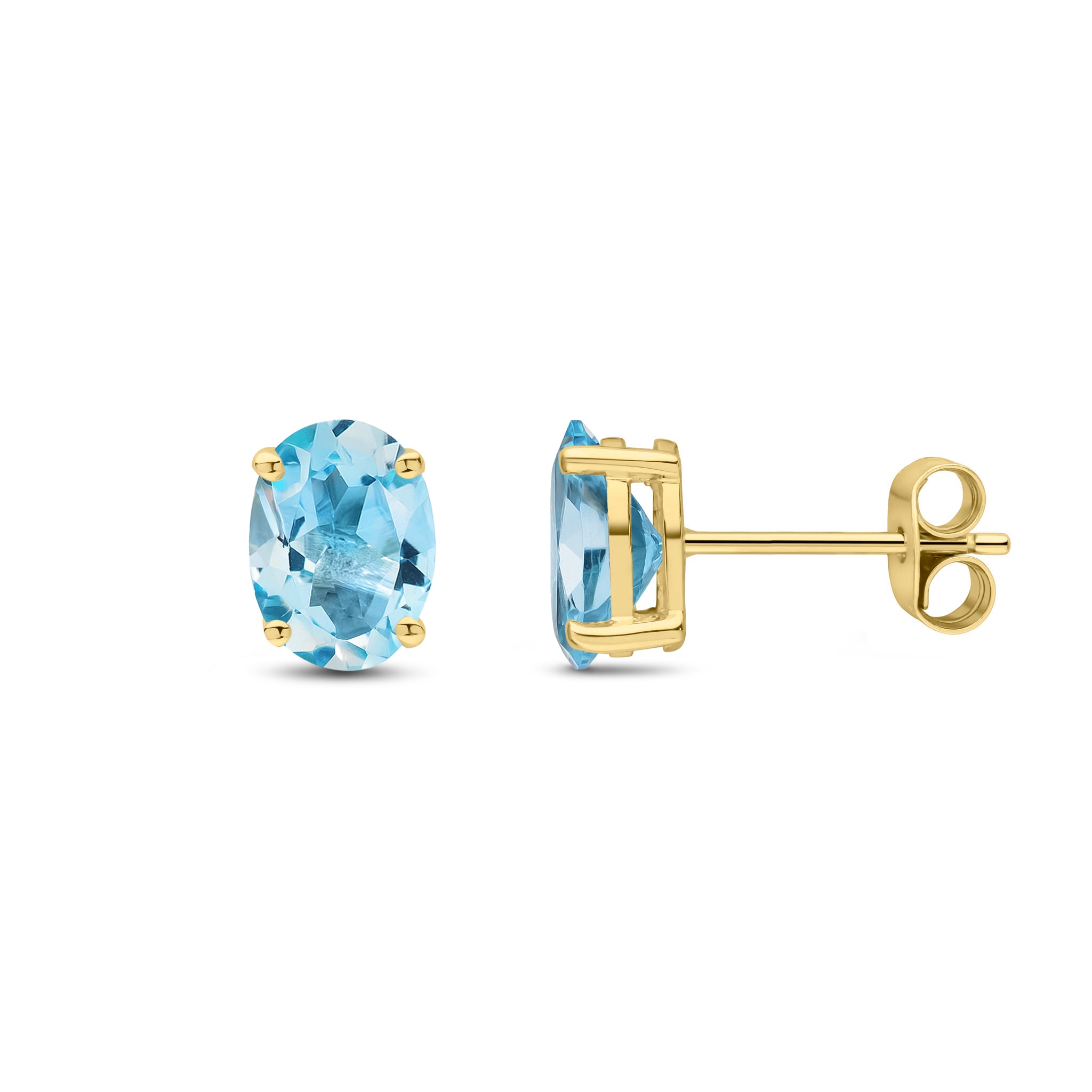 9ct Yellow Gold 8x6 Oval Swiss Blue Topaz Claw Set Earrings
