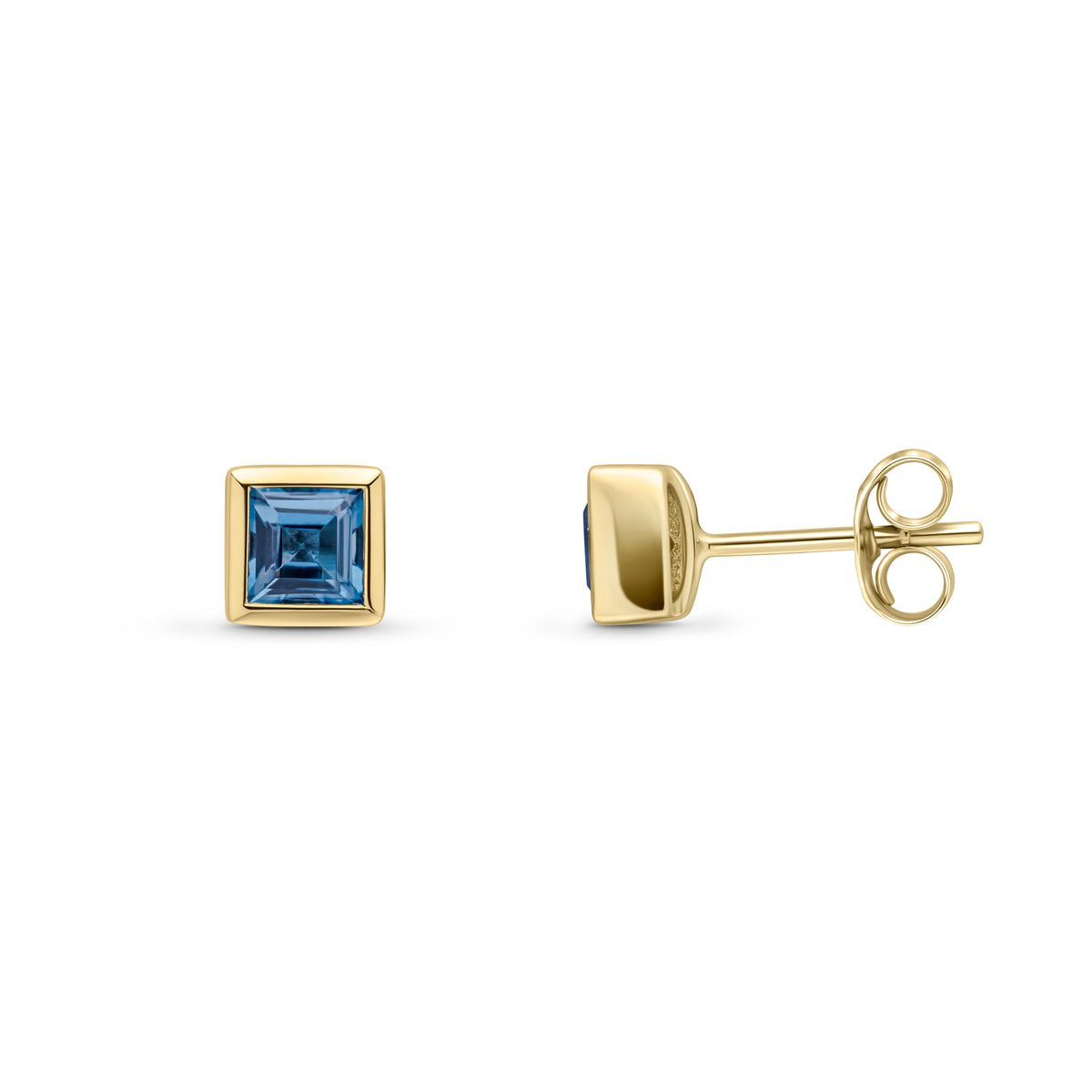 9ct Yellow Gold 4mm Square London Blue Topaz Rubover Set Earrings