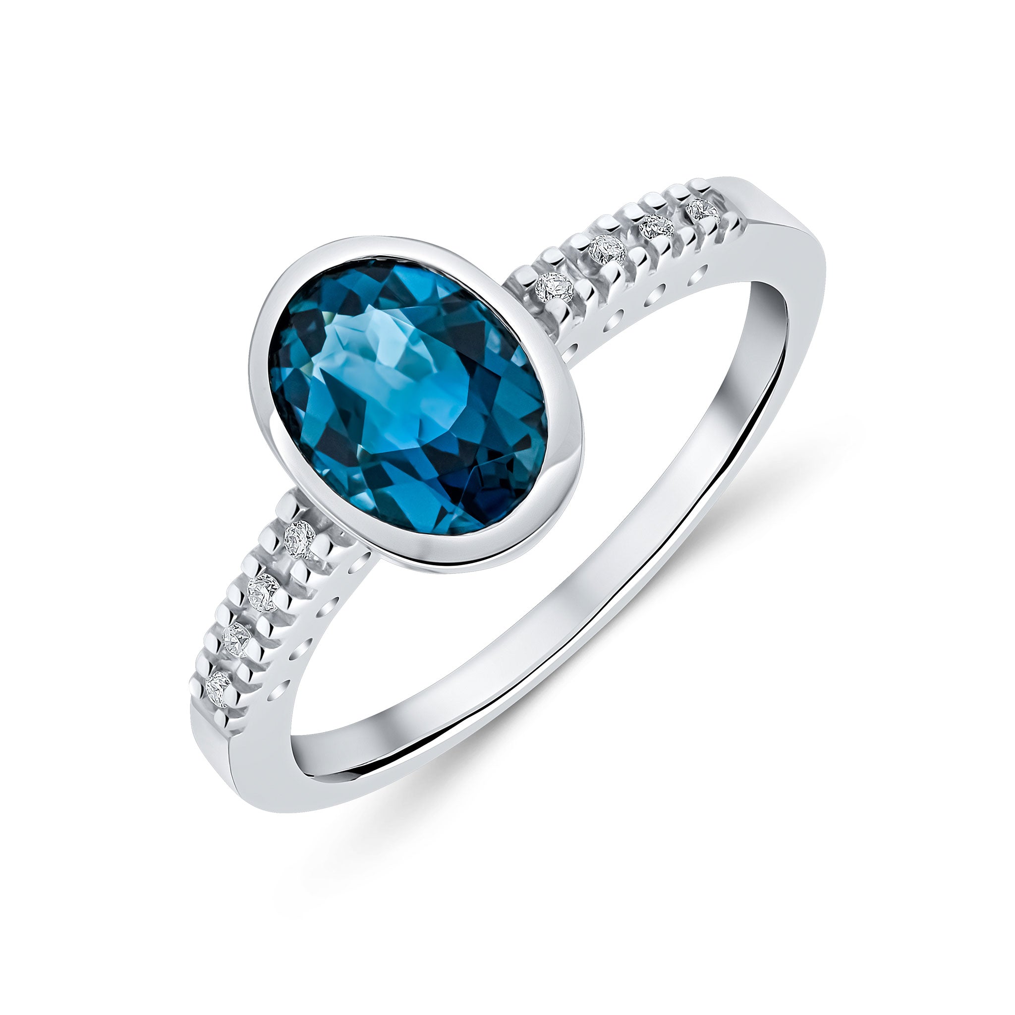9ct White Gold Rubover 8x6 Oval London Blue Topaz Single Stone Ring with Claw Set Diamond Shoulders