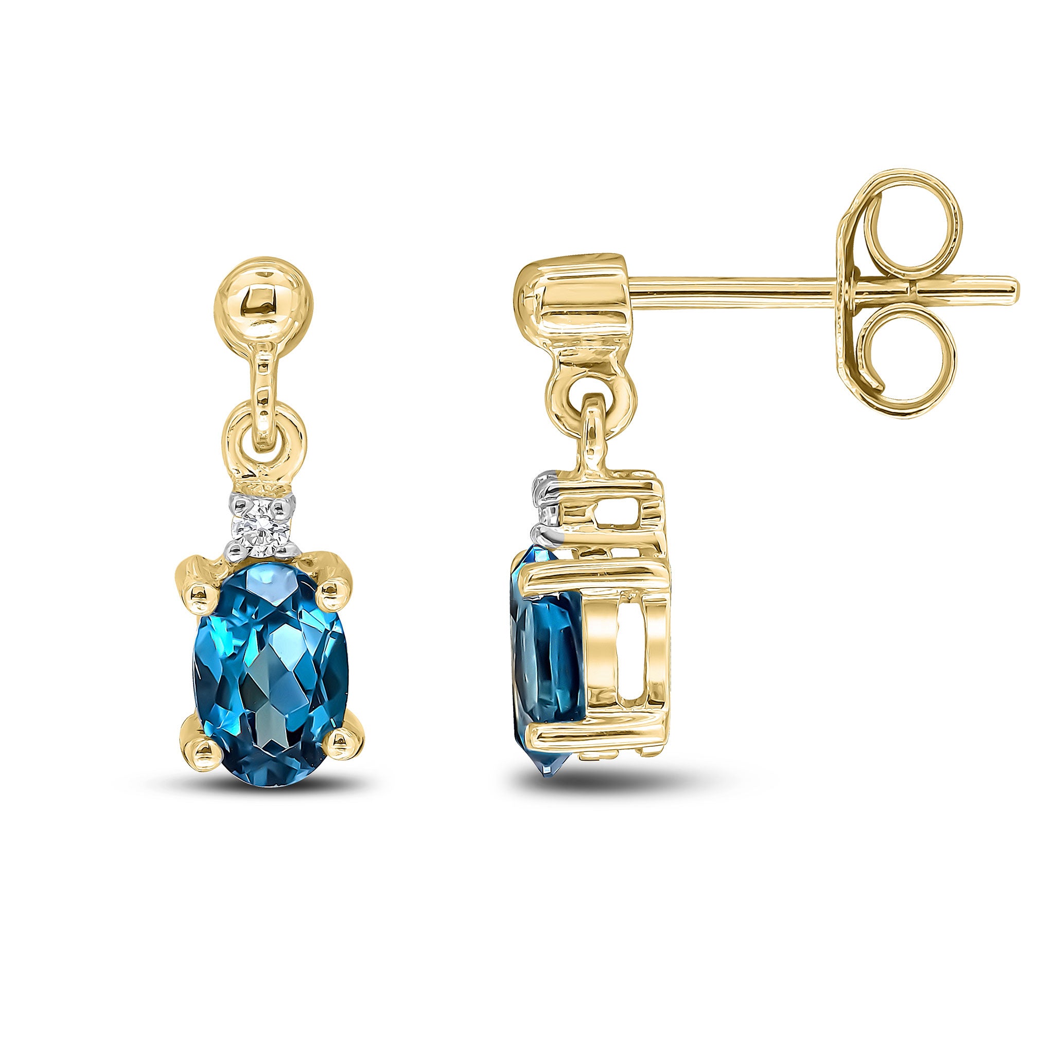 9ct Yellow Gold Oval London Blue Topaz & Diamond Claw Set 2 Stone Drop Earrings with Bead Stud Top