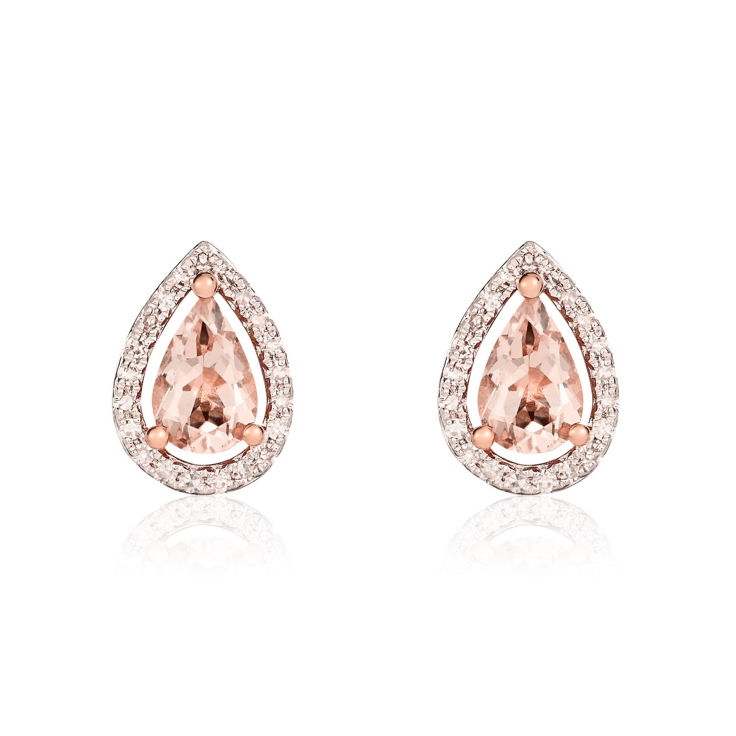 9ct Rose Gold 6x4 Pear Shape Morganite & Diamond Halo Cluster Earrings Rhodium to Diamonds