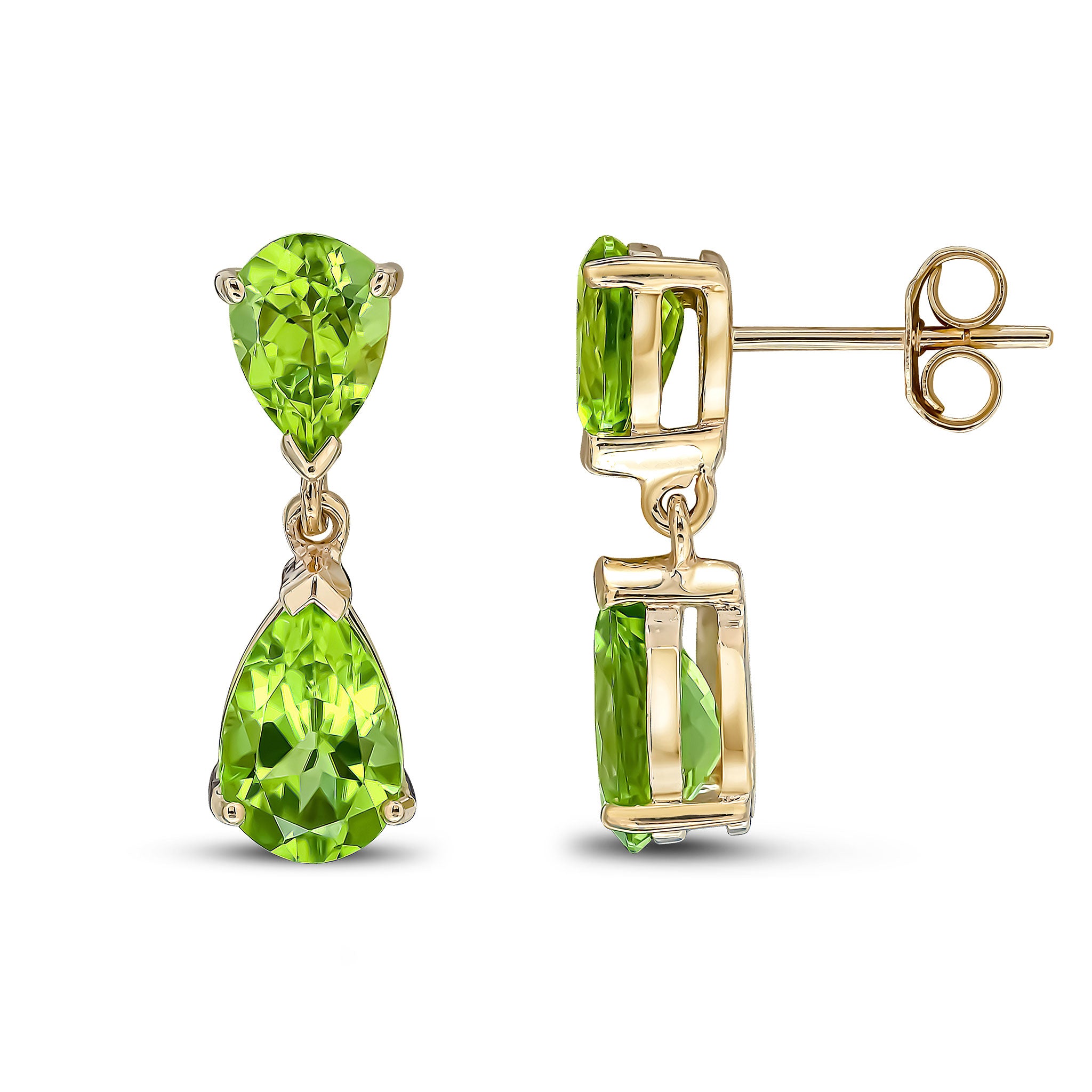 9ct Yellow Gold Pear Shape Peridot 2 Stone Claw Set Drop Earrings