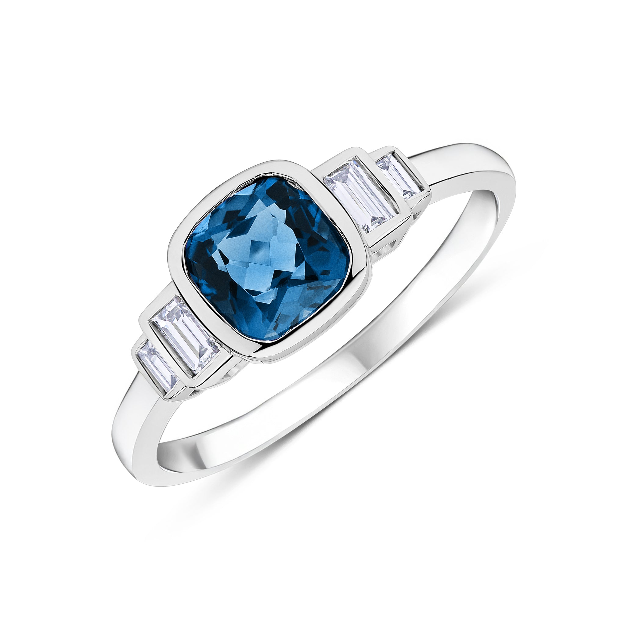 9ct White Gold 6mm Cushion London Blue Topaz & Baguette Diamond 2 Stone Stepped Shoulders Ring