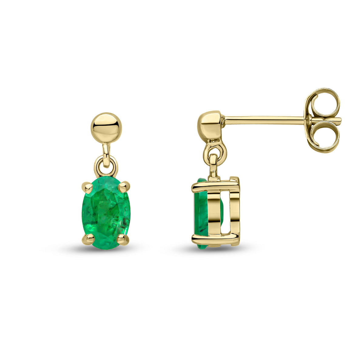 9ct Yellow Gold 6x4 Oval Emerald Claw Set Drop Earrings with Bead Top