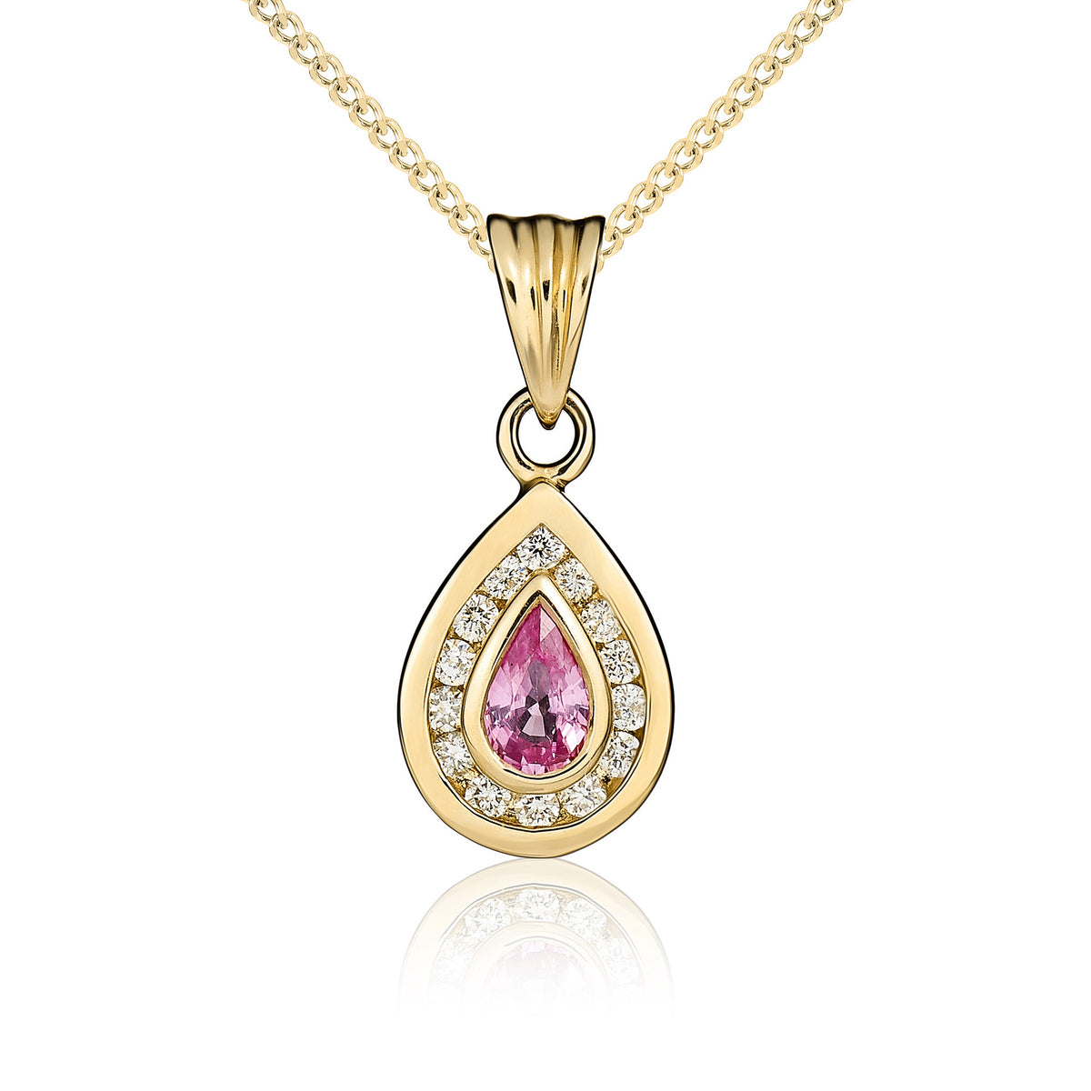9ct Yellow Gold Pear Pink Sapphire & Diamond Cluster Pendant