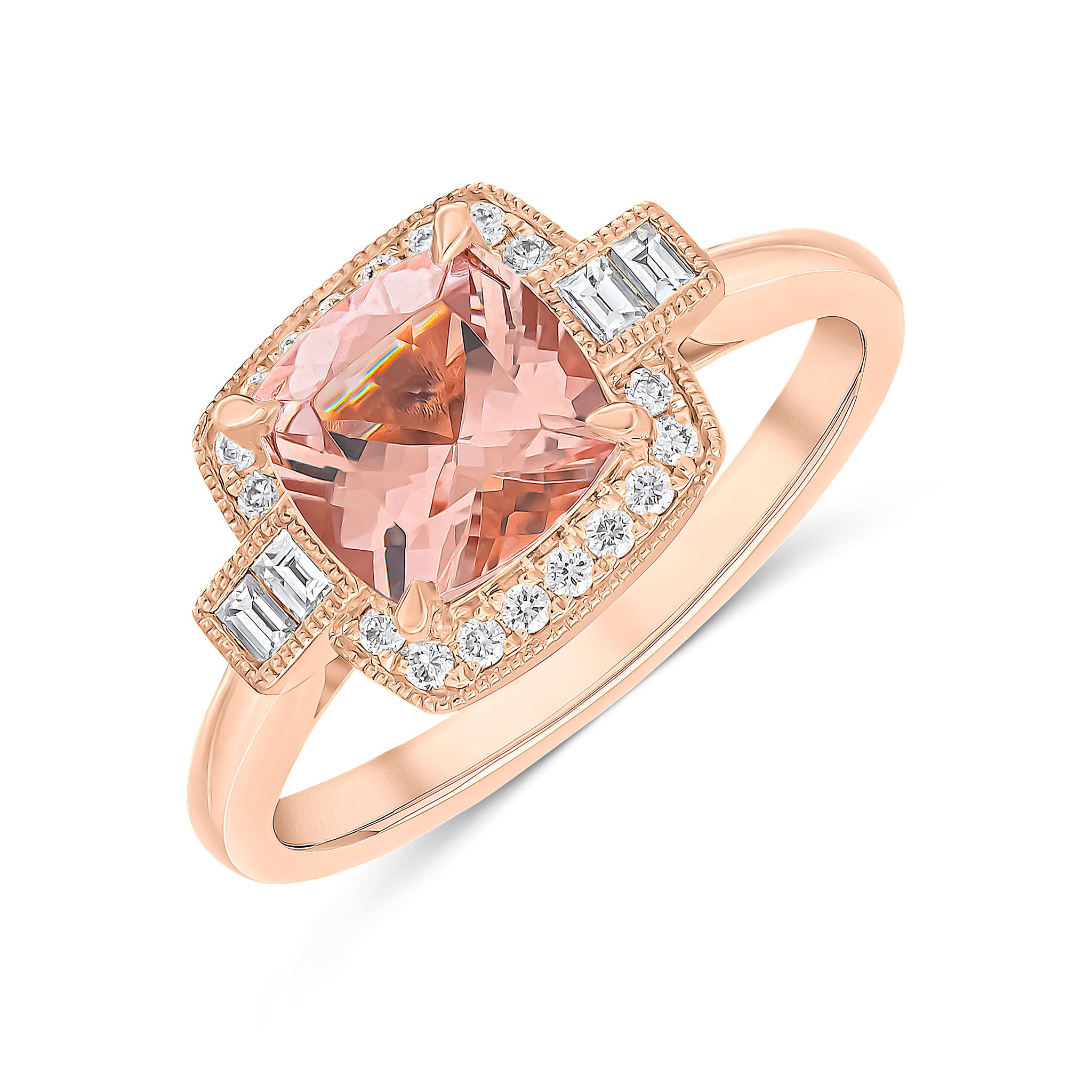 18ct Rose Gold Cushion Morganite & Round Baguette Diamond Cluster Ring with Milgrain Edge