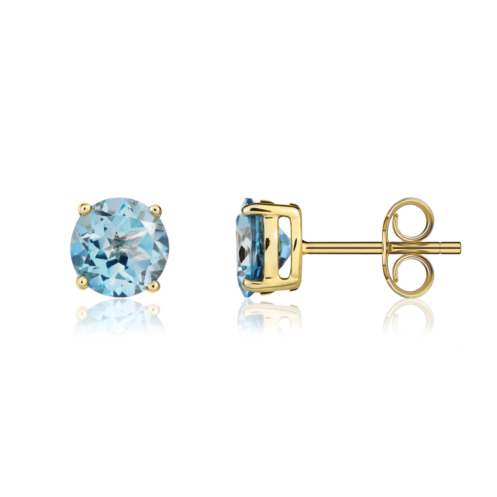 9ct Yellow Gold 7mm Round Swiss Blue Topaz Claw Set Earrings