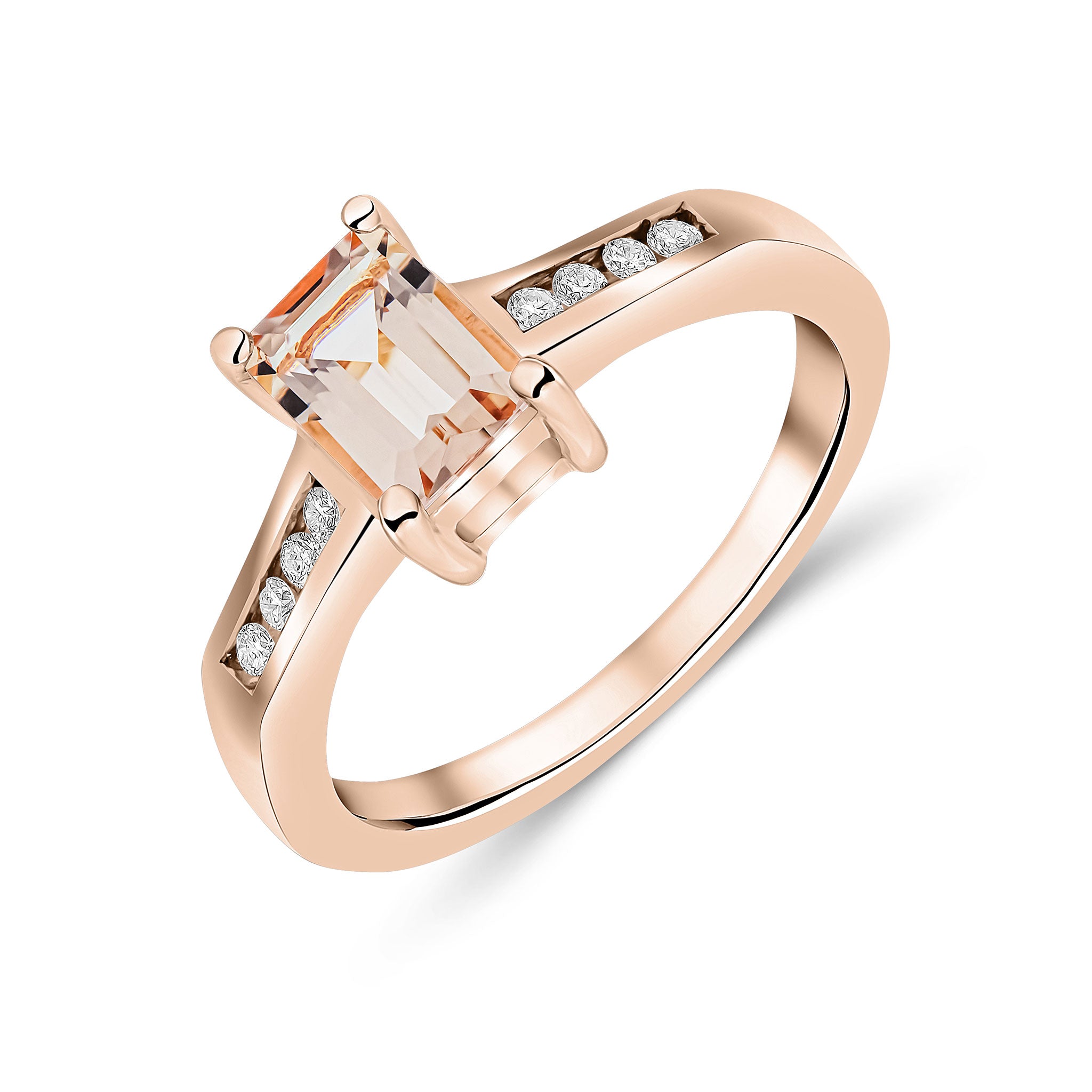 9CT RG 7X5 OCTAGON MORGANITE CLAW SET SINGLE STONE RING WITH CHANNEL SET DIAMOND SHOULDERS 1