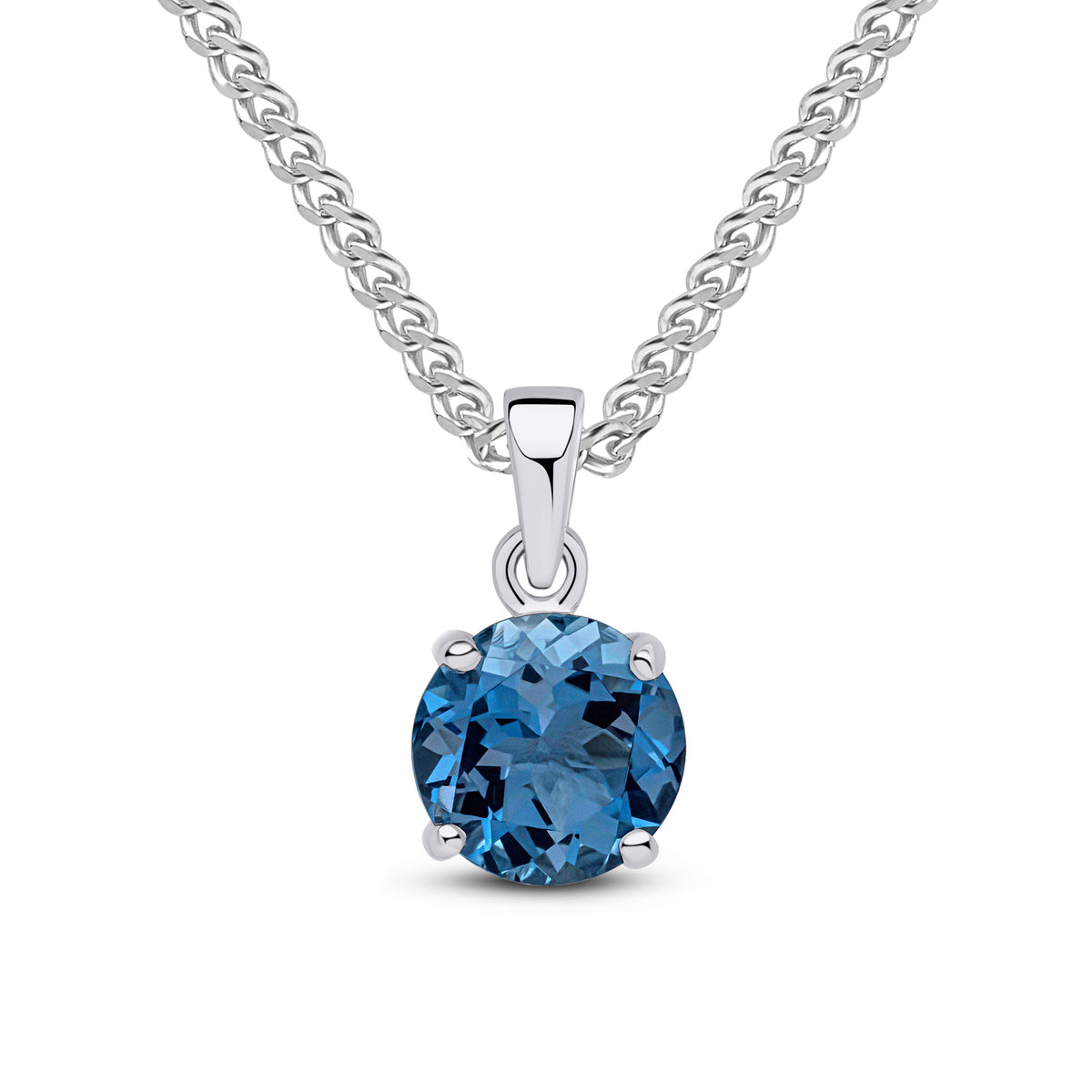 9ct White Gold 8mm Round London Blue Topaz Claw Set Pendant