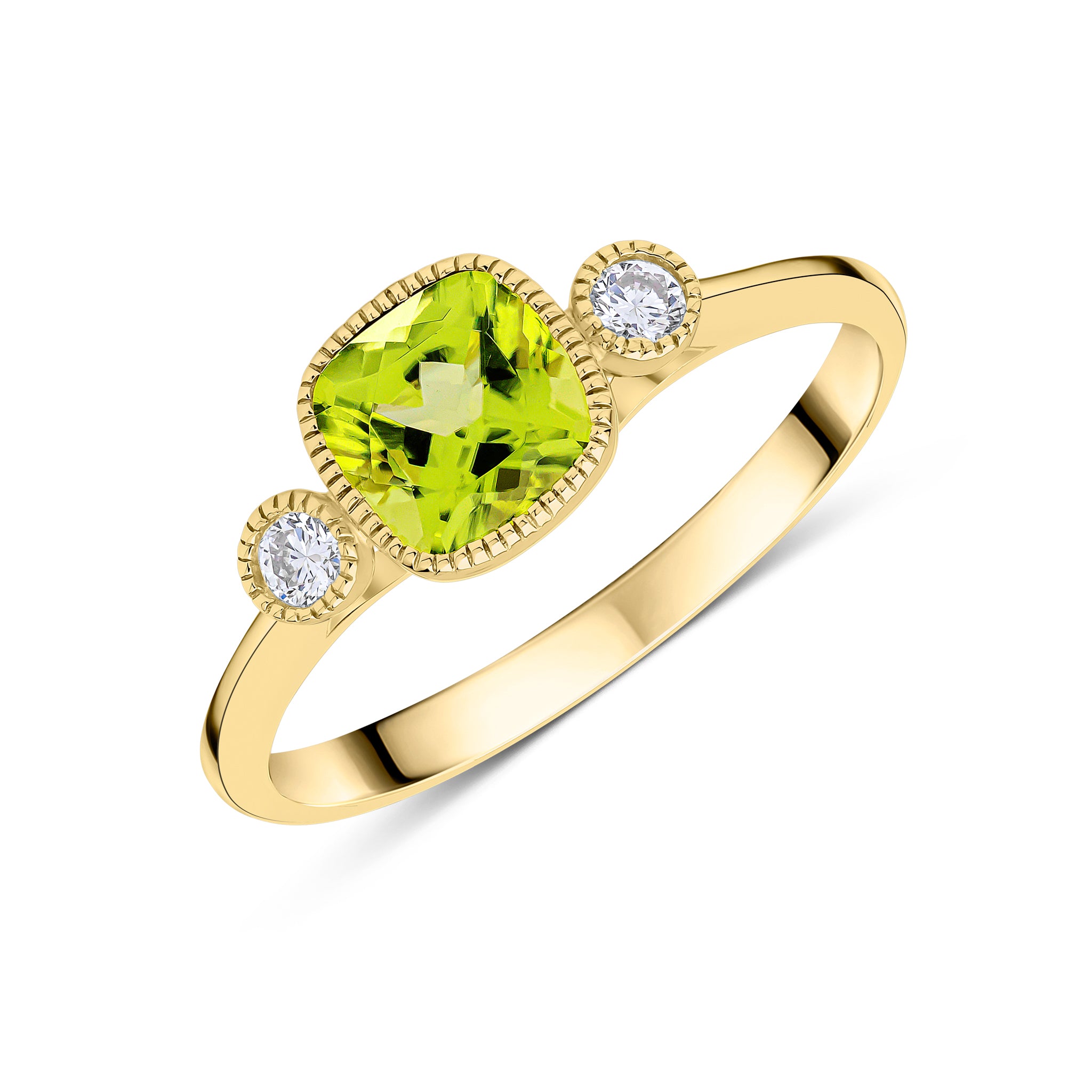 9ct Yellow Gold 6mm Cushion Peridot & Round Diamond Milgrain Set 3 Stone Ring