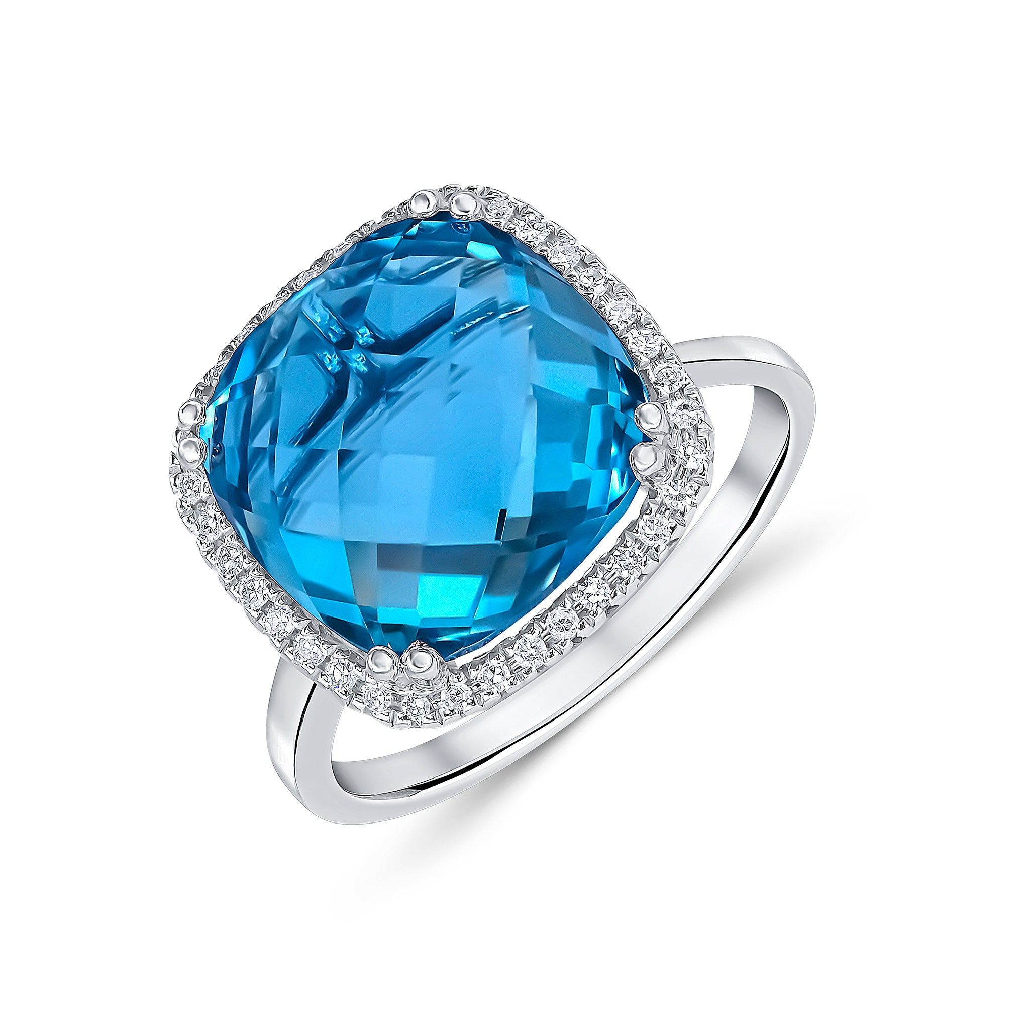 9CT WG 12MM CHECKERBOARD CUT CUSHION SWISS BLUE TOPAZ AND ROUND DIAMOND CLAW SET CLUSTER RING 1