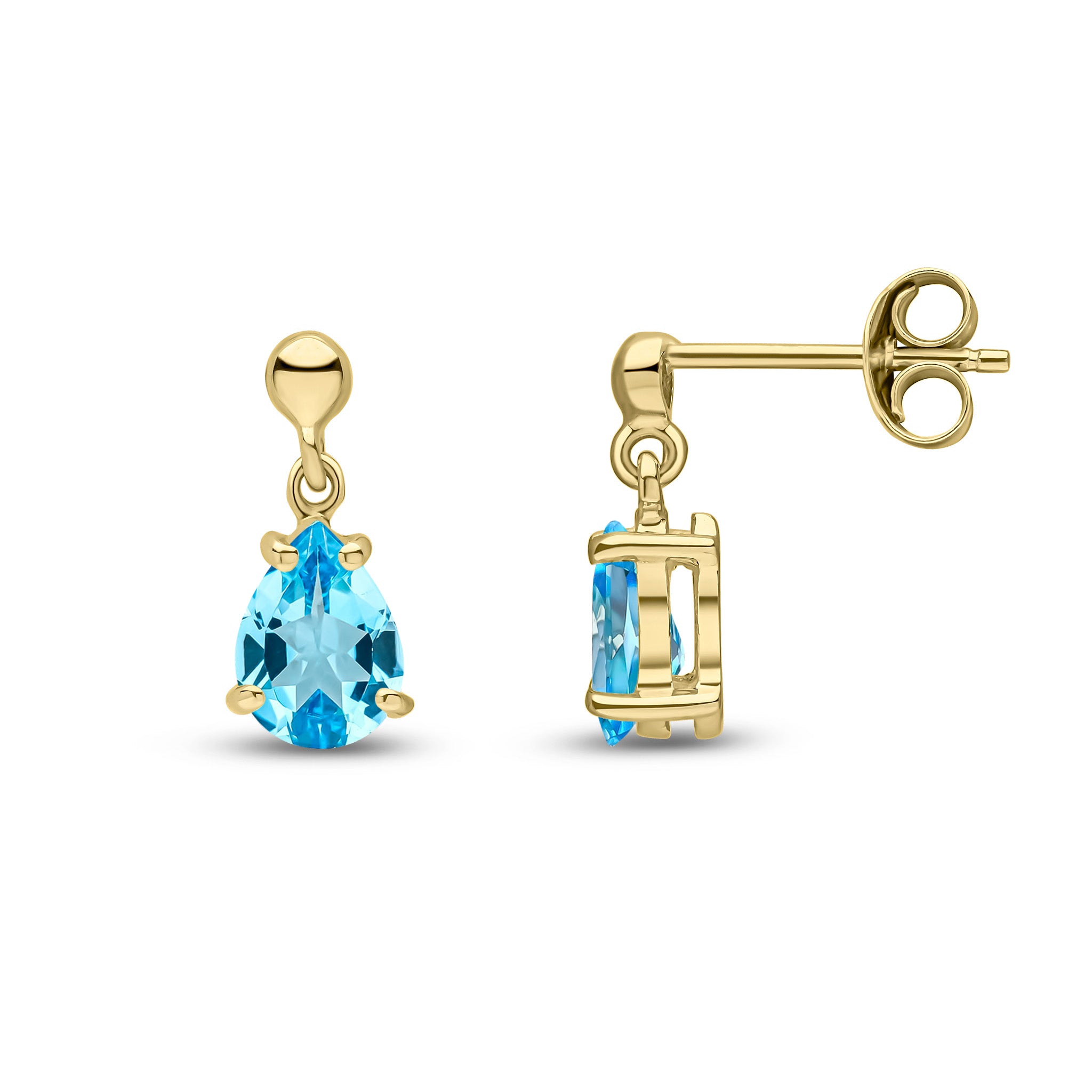 9ct Yellow Gold 7x5 Pear Shape Swiss Blue Topaz Claw Set Drop Earrings with Bead Top
