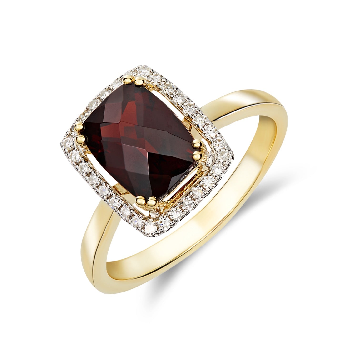 9ct Yellow Gold 8x6 Cushion Checkerboard Cut Garnet & Diamond Halo Cluster Ring Rhodium to Diamonds