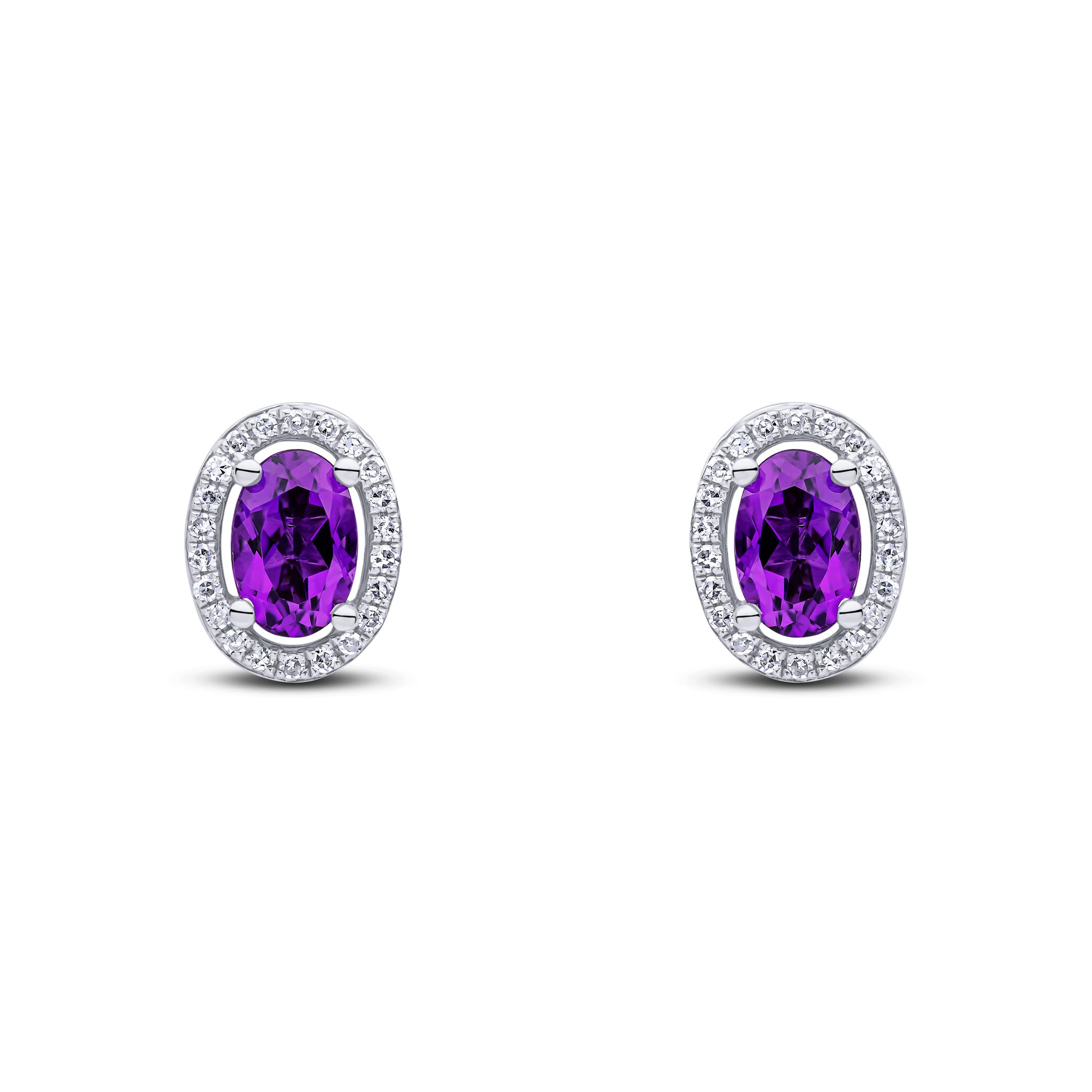 9ct White Gold 6x4 Oval Amethyst and Round Diamond Claw Set Halo Cluster Earrings