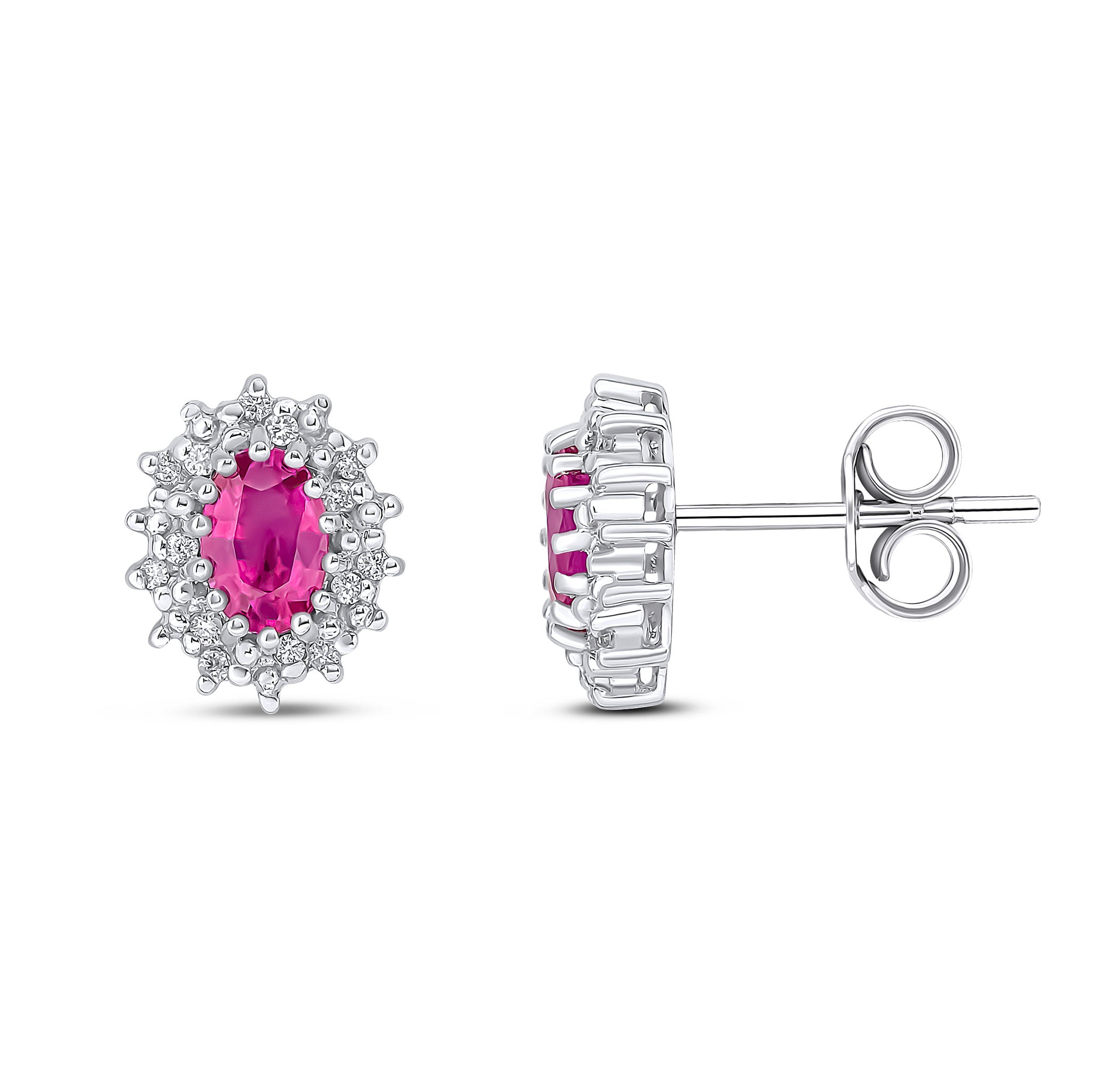 9ct White Gold 6x4 Oval Ruby and Diamond Claw Cluster Earrings