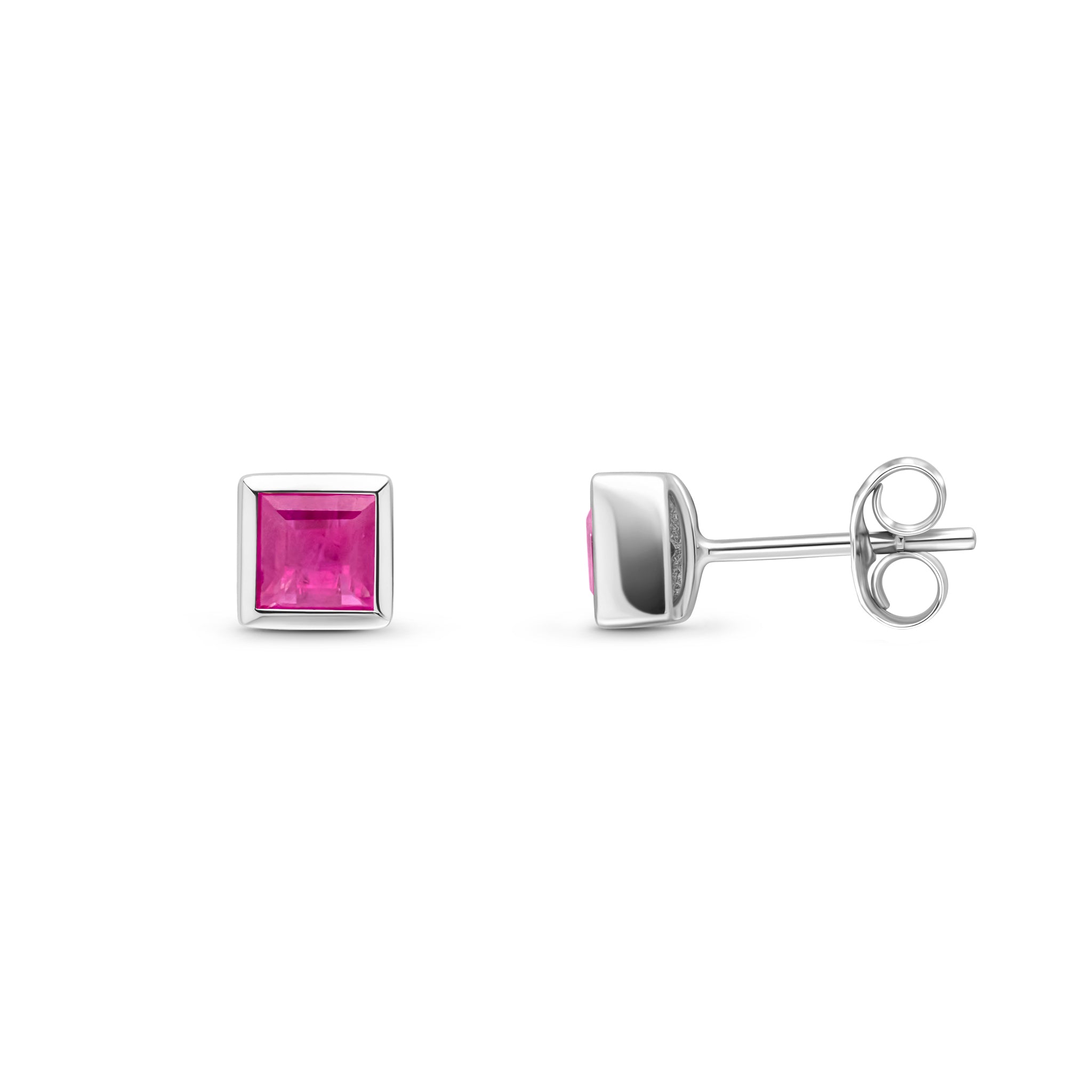 9ct White Gold 3mm Square Ruby Rubover Set Earrings