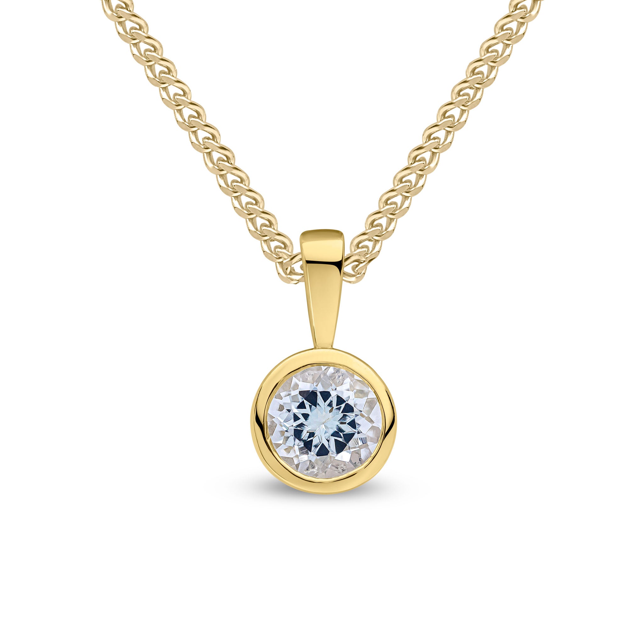 9ct yellow gold 6mm Round aquamarine rubover pendant