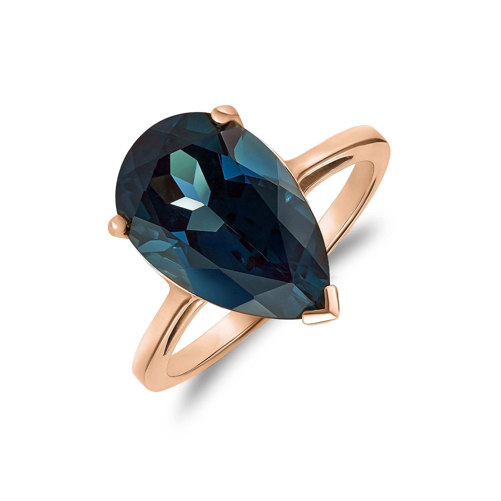 9ct Rose Gold 14x9 Pearshape London Blue Topaz Claw Set Single Stone Ring