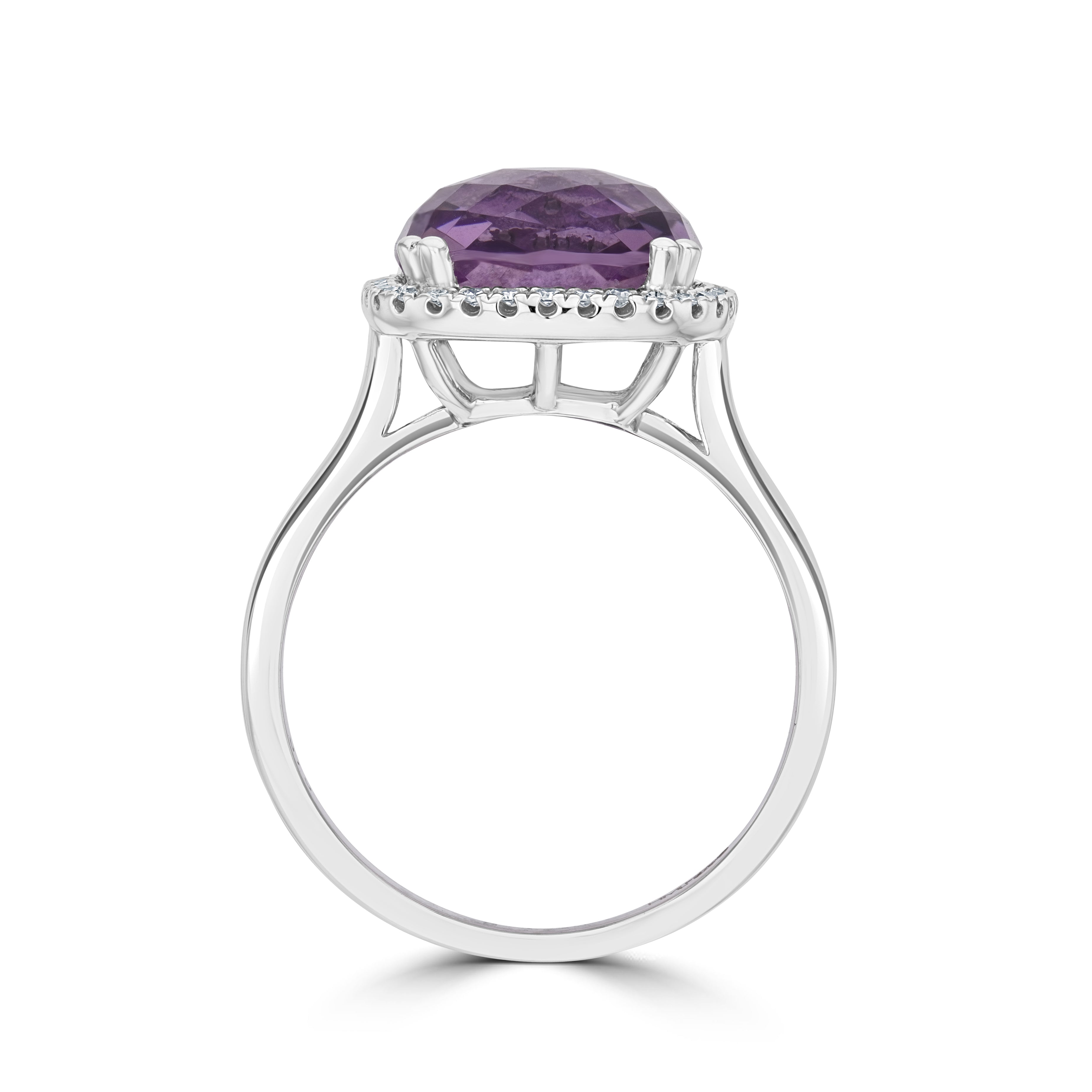 9CT WG 10MM CHECKERBOARD CUT CUSHION AMETHYST & DIAMOND CLAW SET CLUSTER RING 1