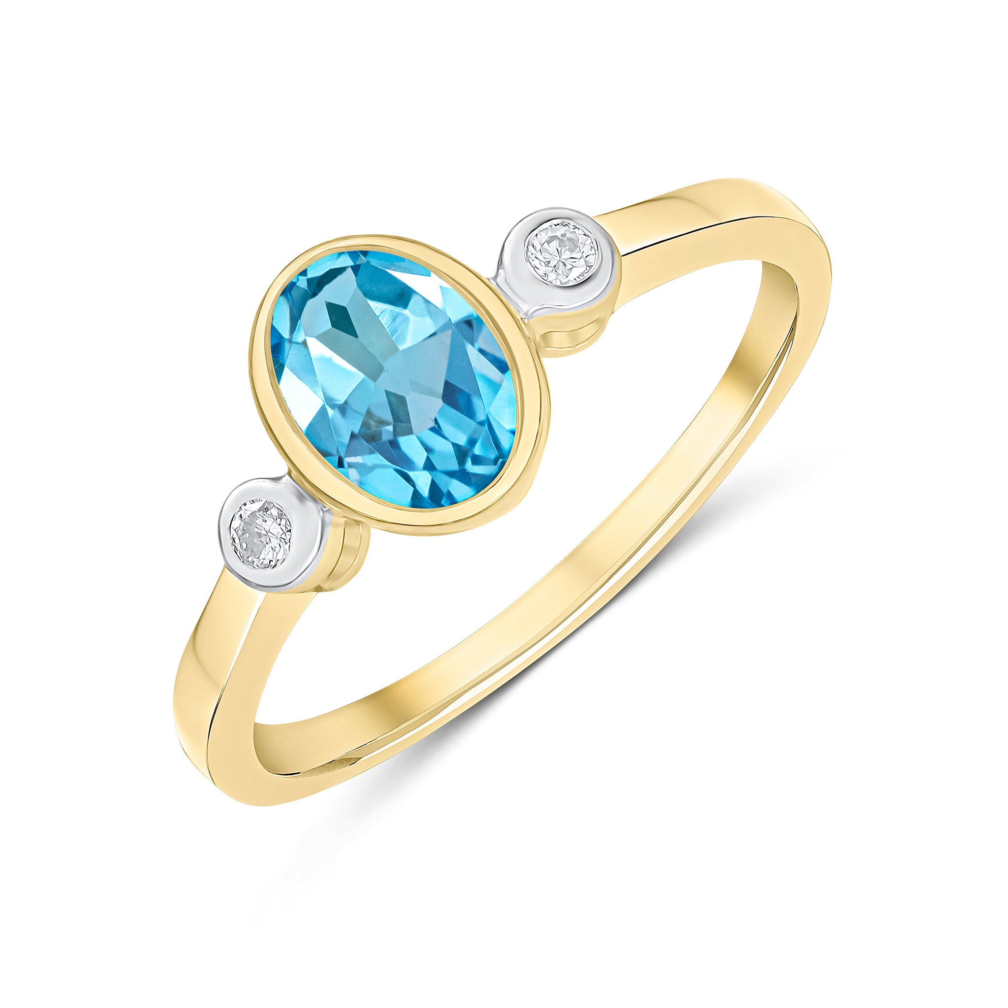 9ct Yellow Gold 7x5 Oval Swiss Blue Topaz and Round Diamond 3 Stone Rubover Ring Rhodium to Diamonds
