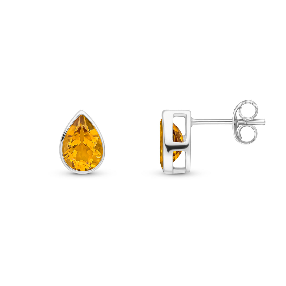 9ct White Gold 7x5 Pear Shape Citrine Rubover Set Earrings