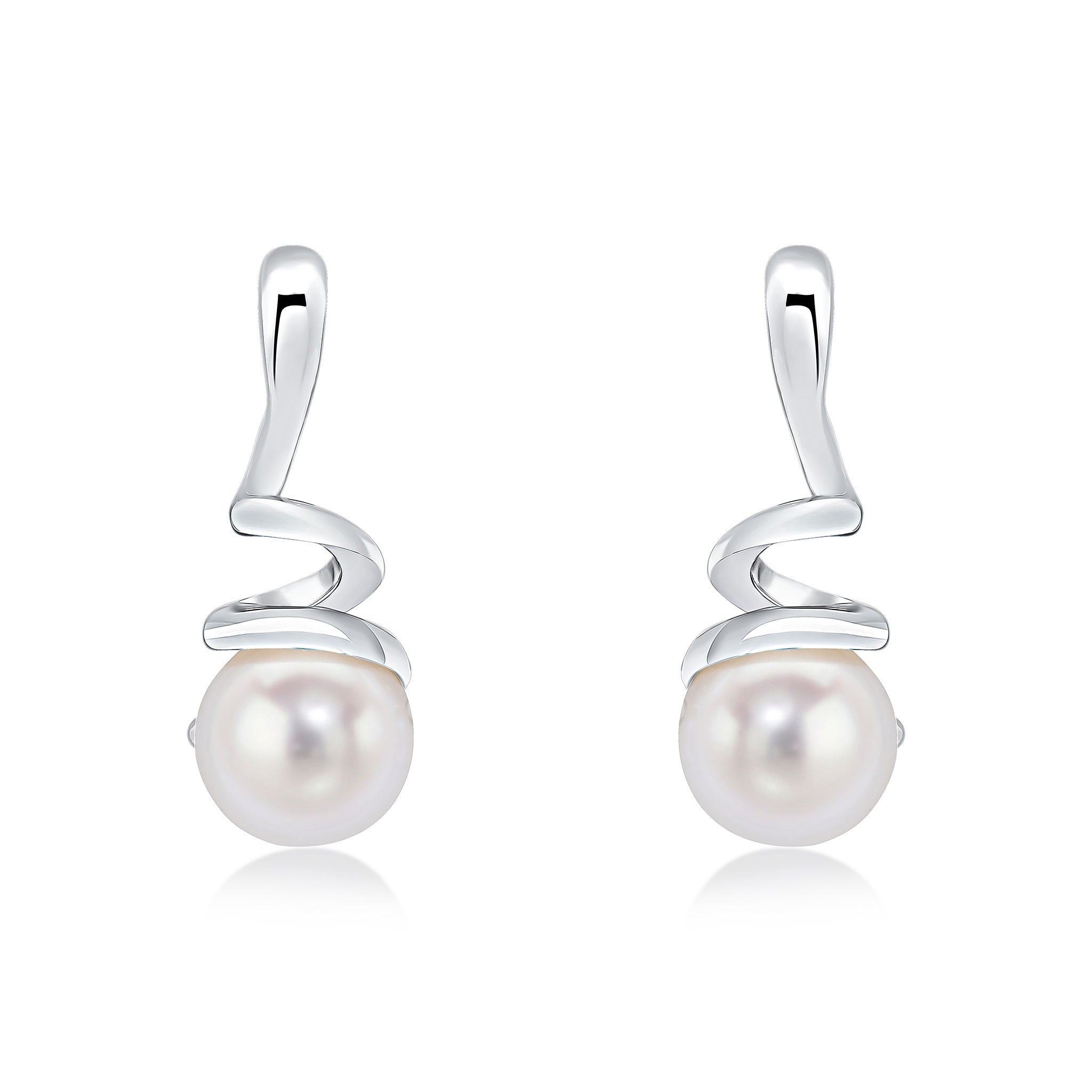 9ct White Gold Round Freshwater Cultured Pearl & Spiral Drop Earrrings