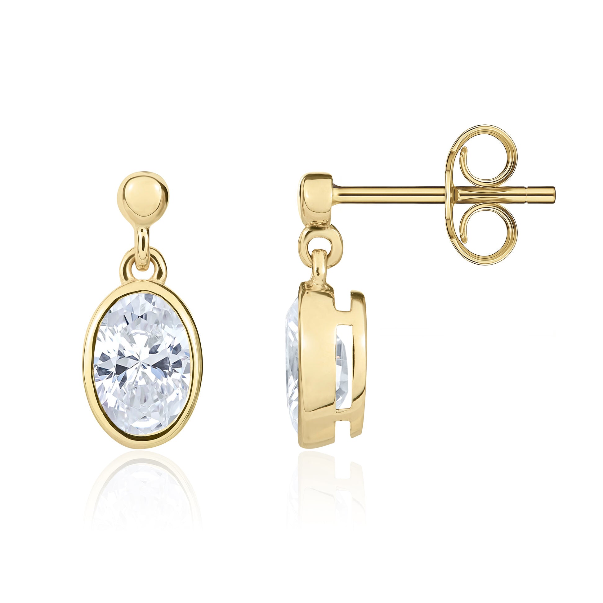 9ct Yellow Gold 7x5mm Oval CZ Rubover Drop Earrings with Bead Top