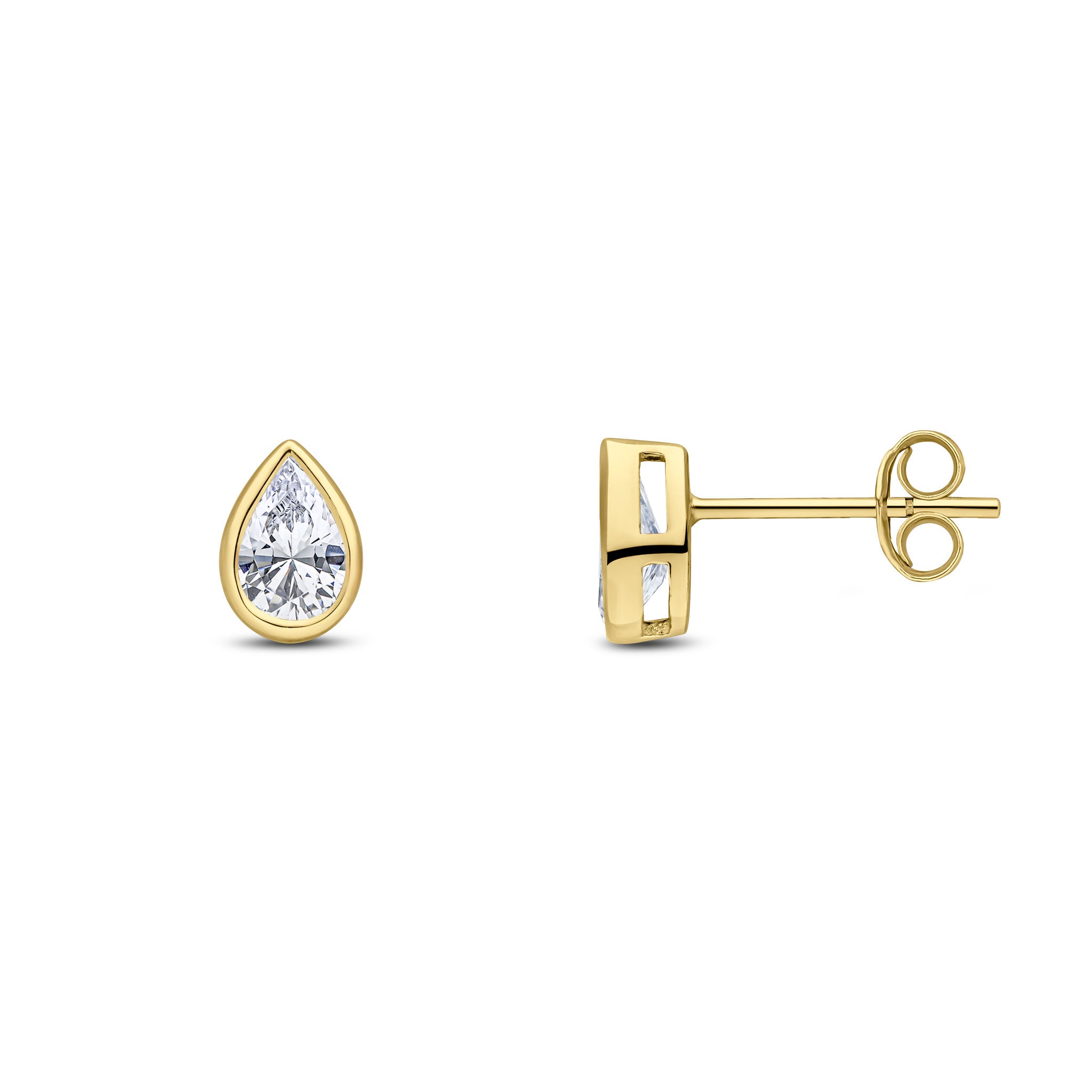 9ct Yellow Gold 6x4 Pear Shape CZ Rubover Set Earrings