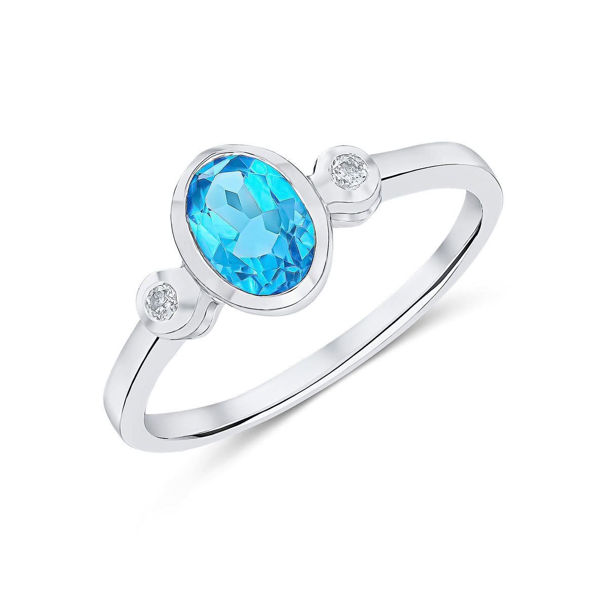9ct White Gold 7x5 Oval Swiss Blue Topaz and Round Diamond 3 Stone Rubover Ring