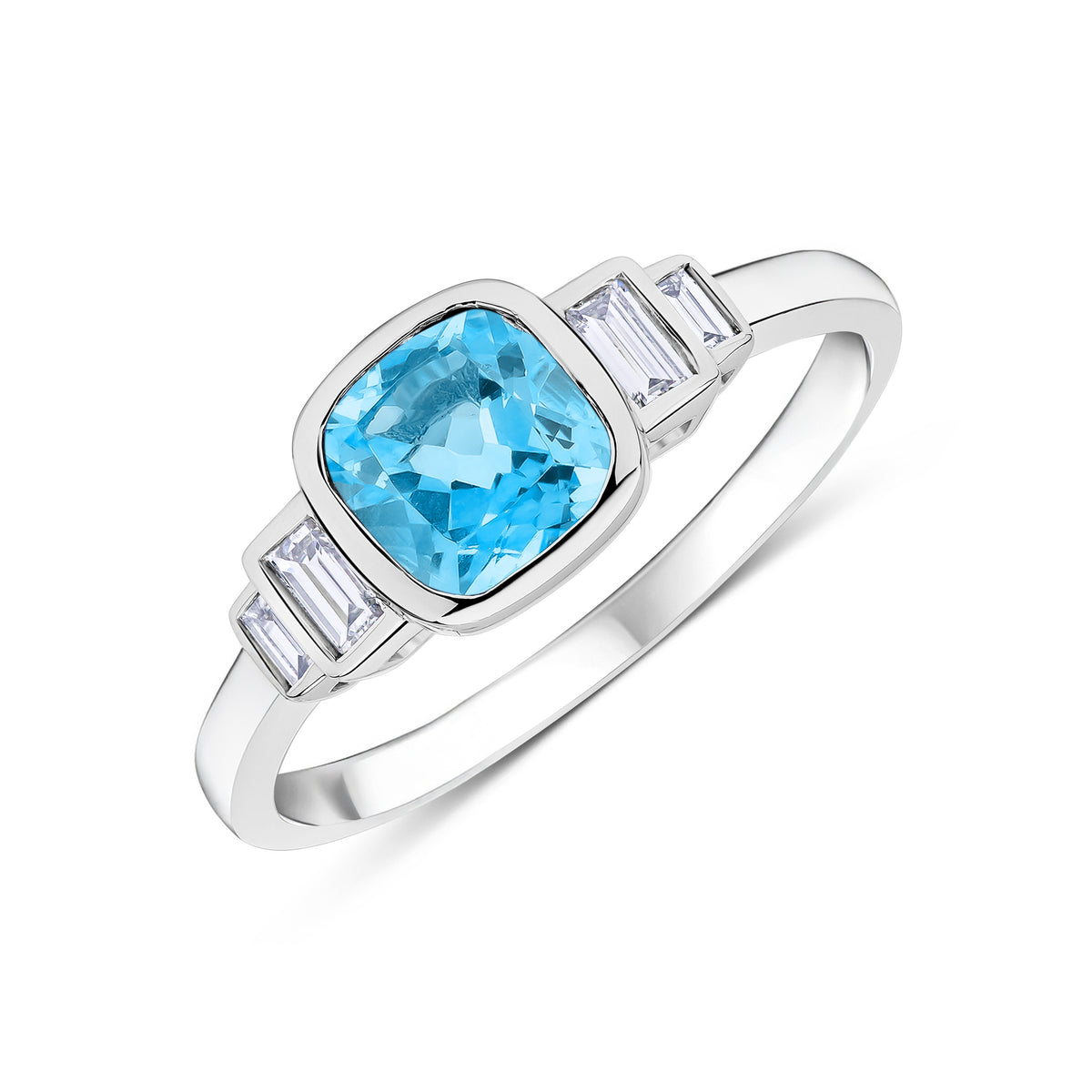 9ct White Gold 6mm Cushion Swiss Blue Topaz & Baguette Diamond 2 Stone Stepped Shoulders Ring