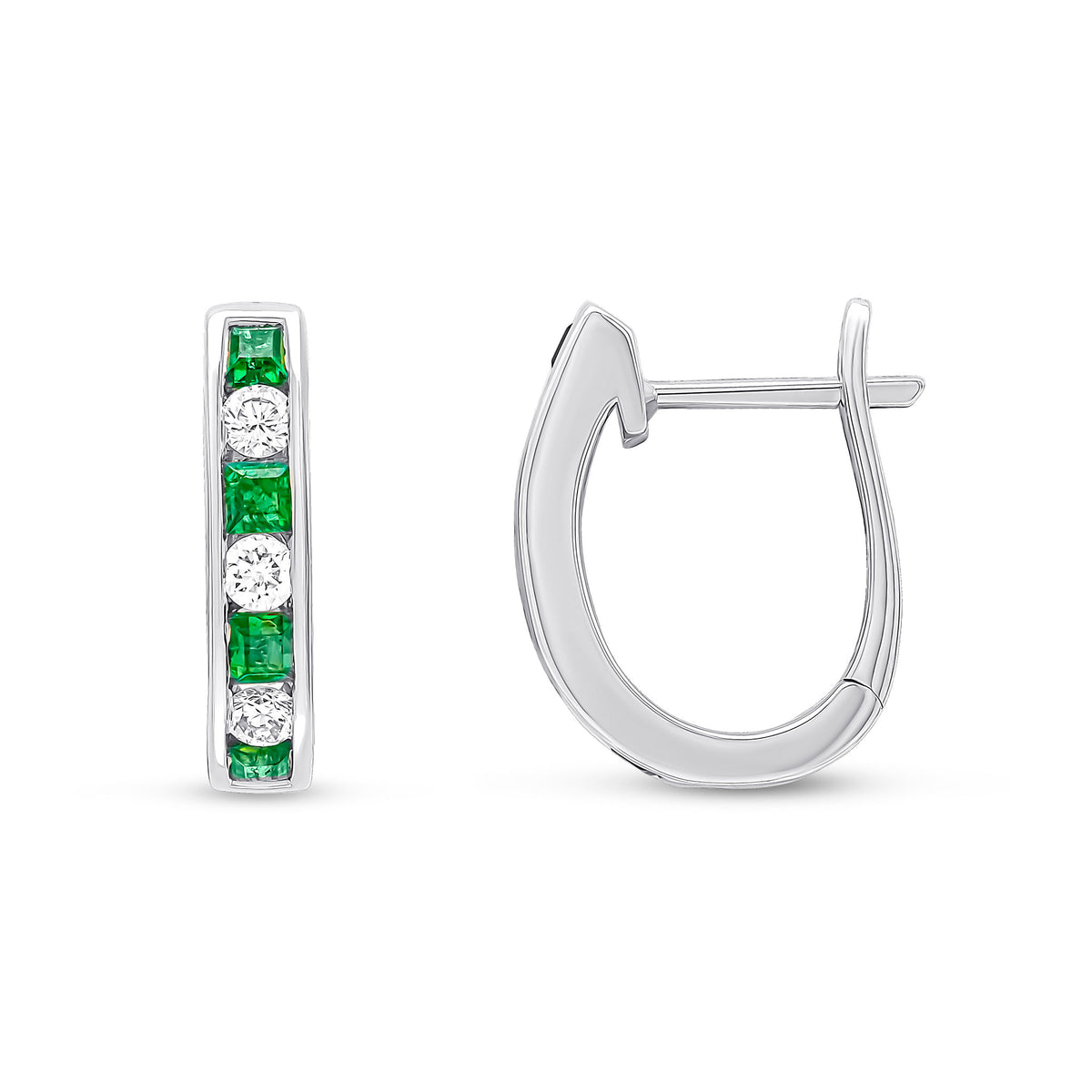 18ct White Gold Square Emerald & Round Diamond Oval Channel Hoops
