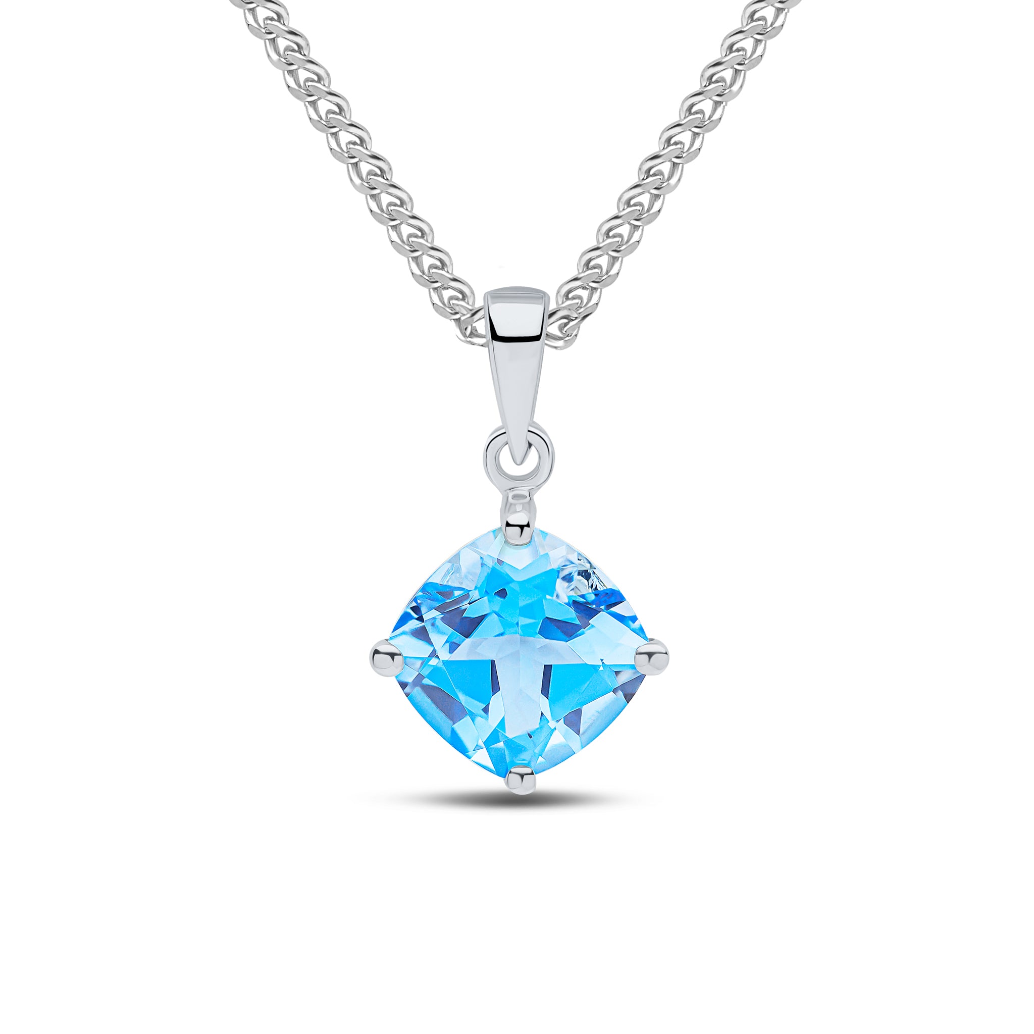 9ct White Gold 8mm Cushion Swiss Blue Topaz Claw Set Pendant