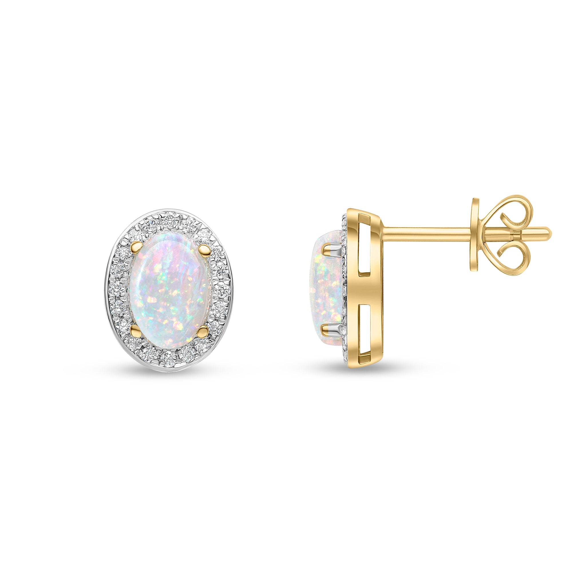 18ct Yellow Gold Claw Set 7x5 Oval Opal & Grain Set Round Diamond Cluster Earrings Rhodium to Diamonds