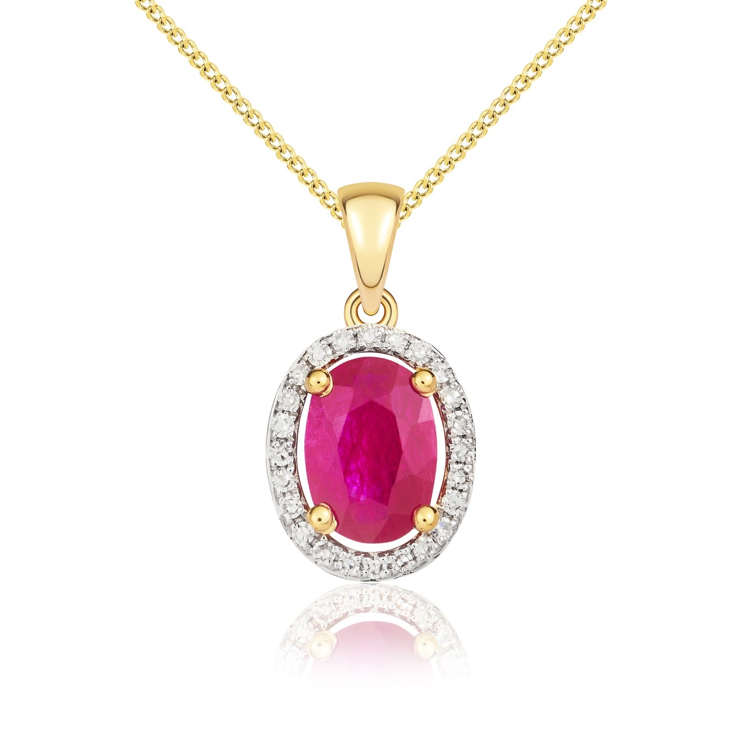 9ct Yellow Gold 7x5mm Oval Ruby and Diamond Halo Cluster Pendant Rhodium to Diamonds
