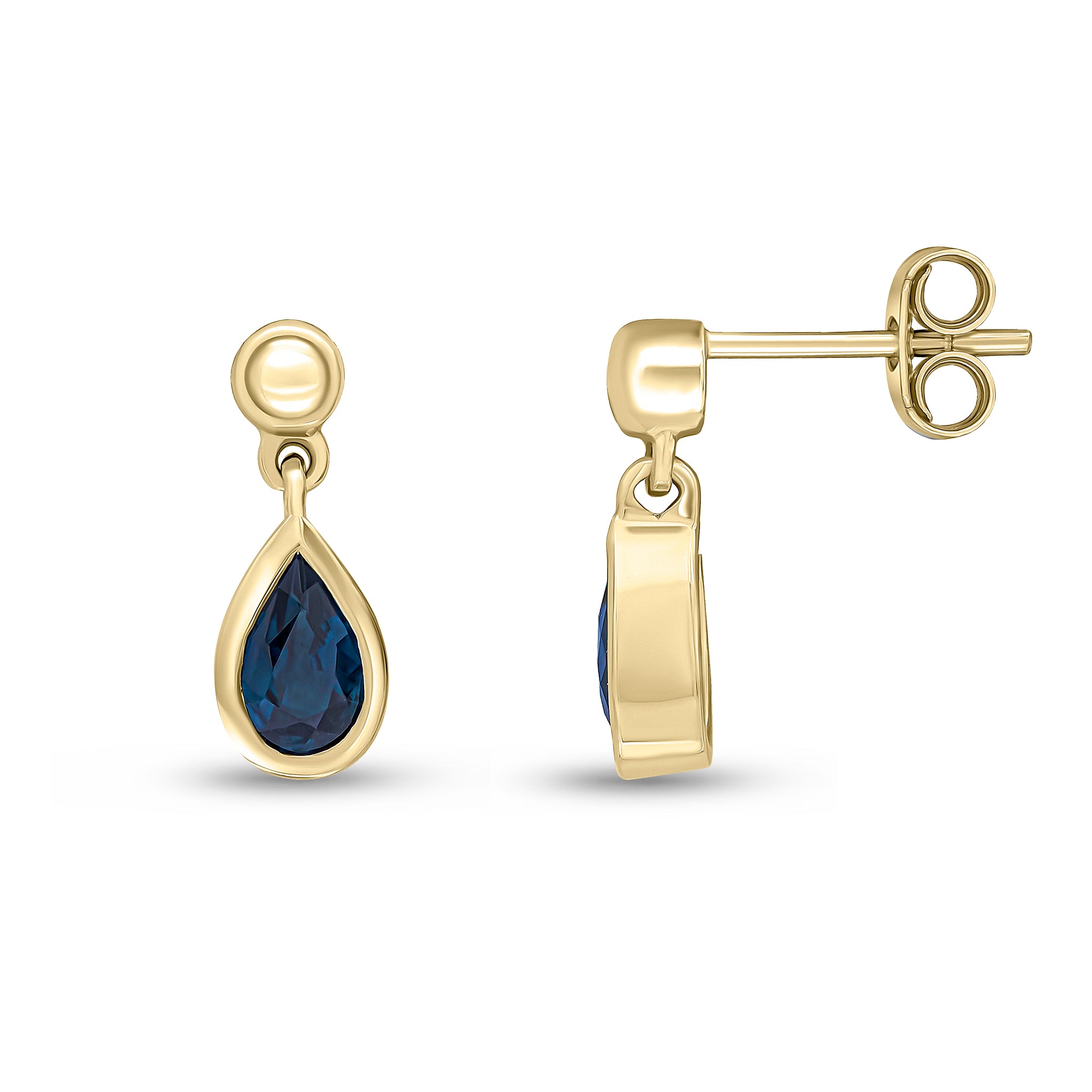 9ct Yellow Gold 6x4 Pear Shape Sapphire Rubover Drop Earrings with 3mm Bead Top