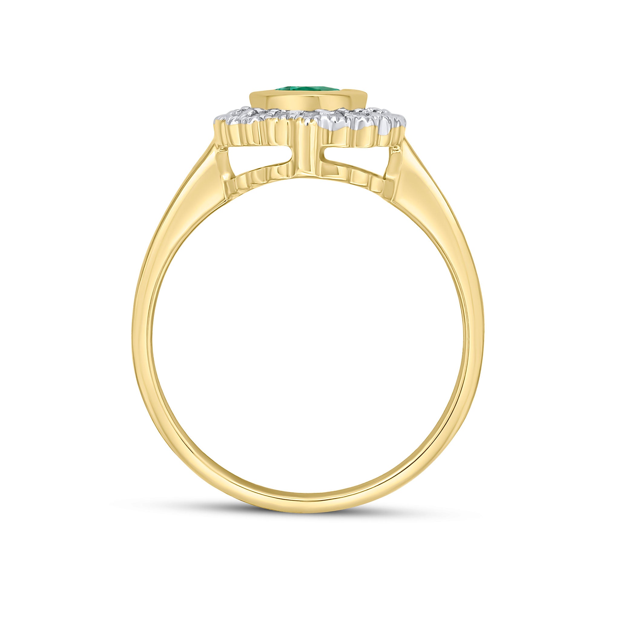 9CT YELLOW GOLD RUBOVER OVAL EMERALD AND MILLEGRAIN ROUND DIAMOND CLUSTER RING. RHODIUM TO DIAMONDS 1