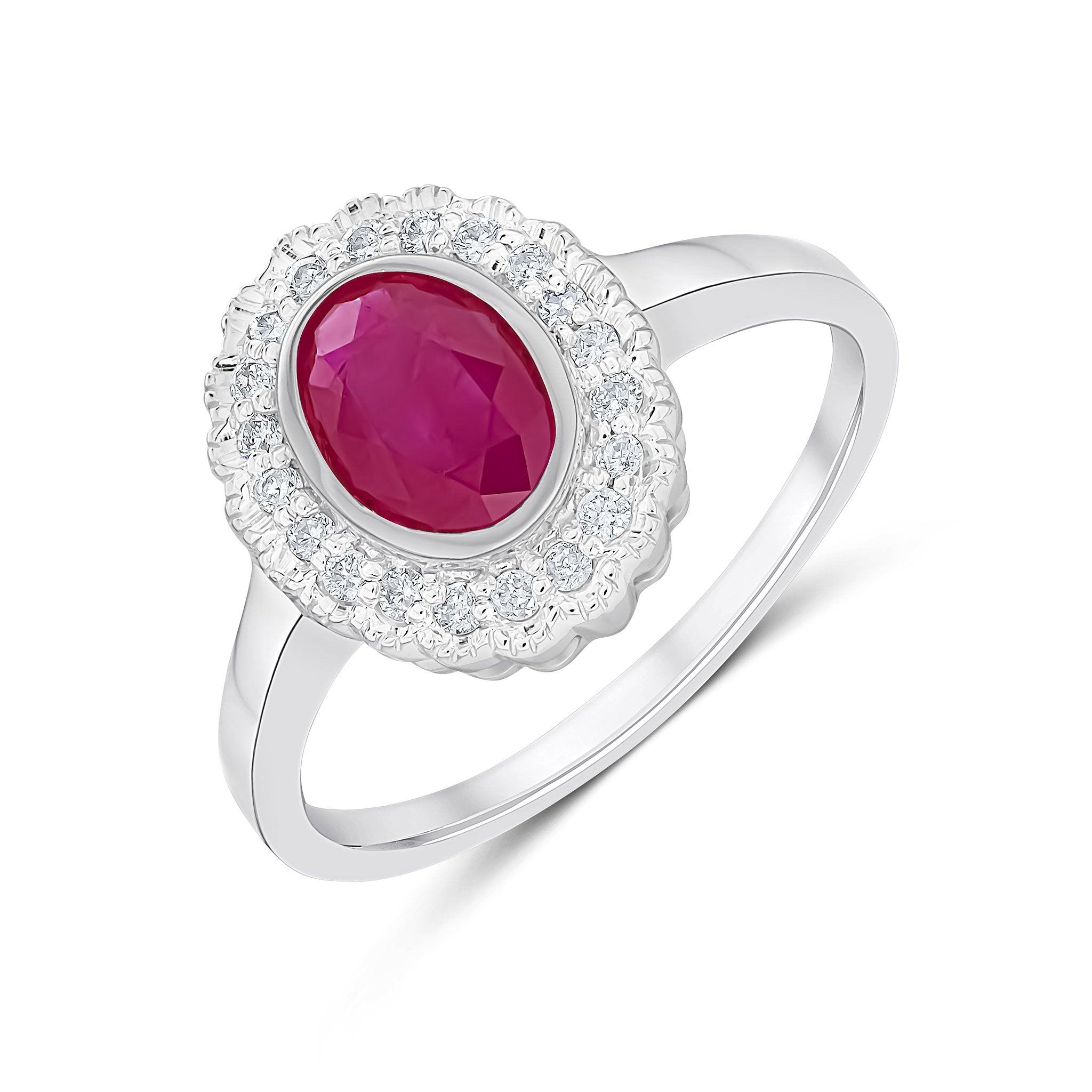 9ct White Gold Rubover Oval Ruby and Milgrain Round Diamond Cluster Ring