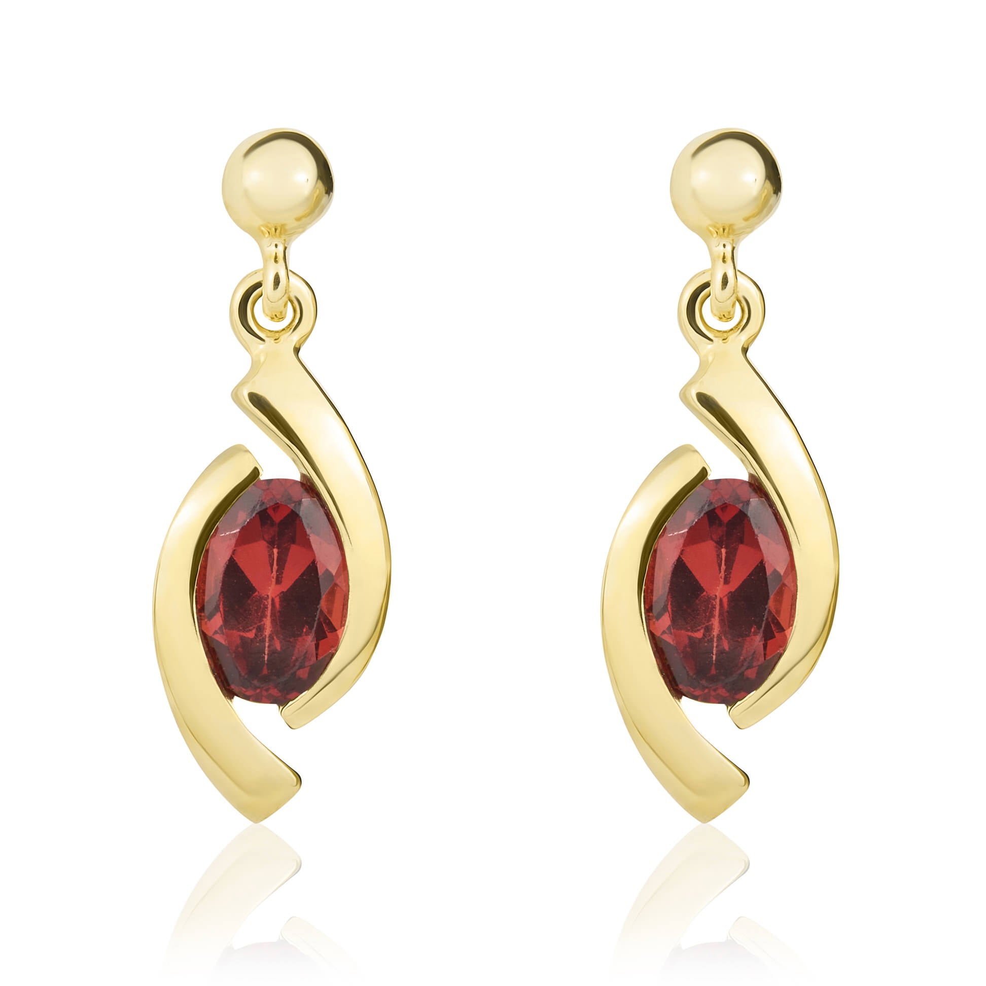 9ct Yellow Gold Oval Garnet 'eye' Drop Earrings with 3mm Bead Top
