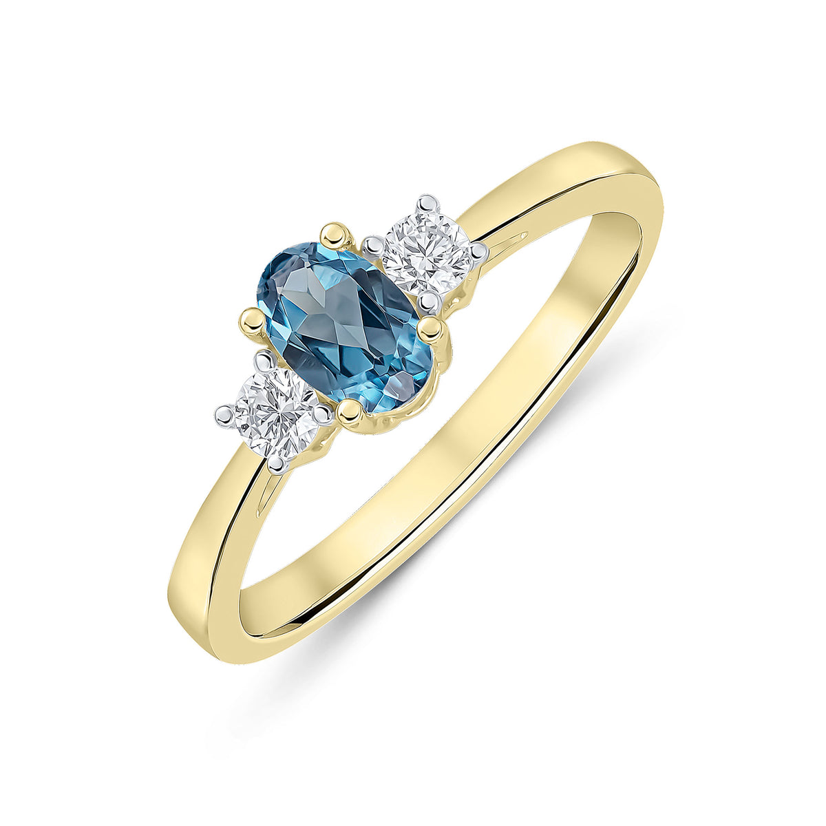 9ct Yellow Gold 6x4 Oval London Blue Topaz and Round Diamond Claw Set 3 Stone Ring Rhodium to Diamonds