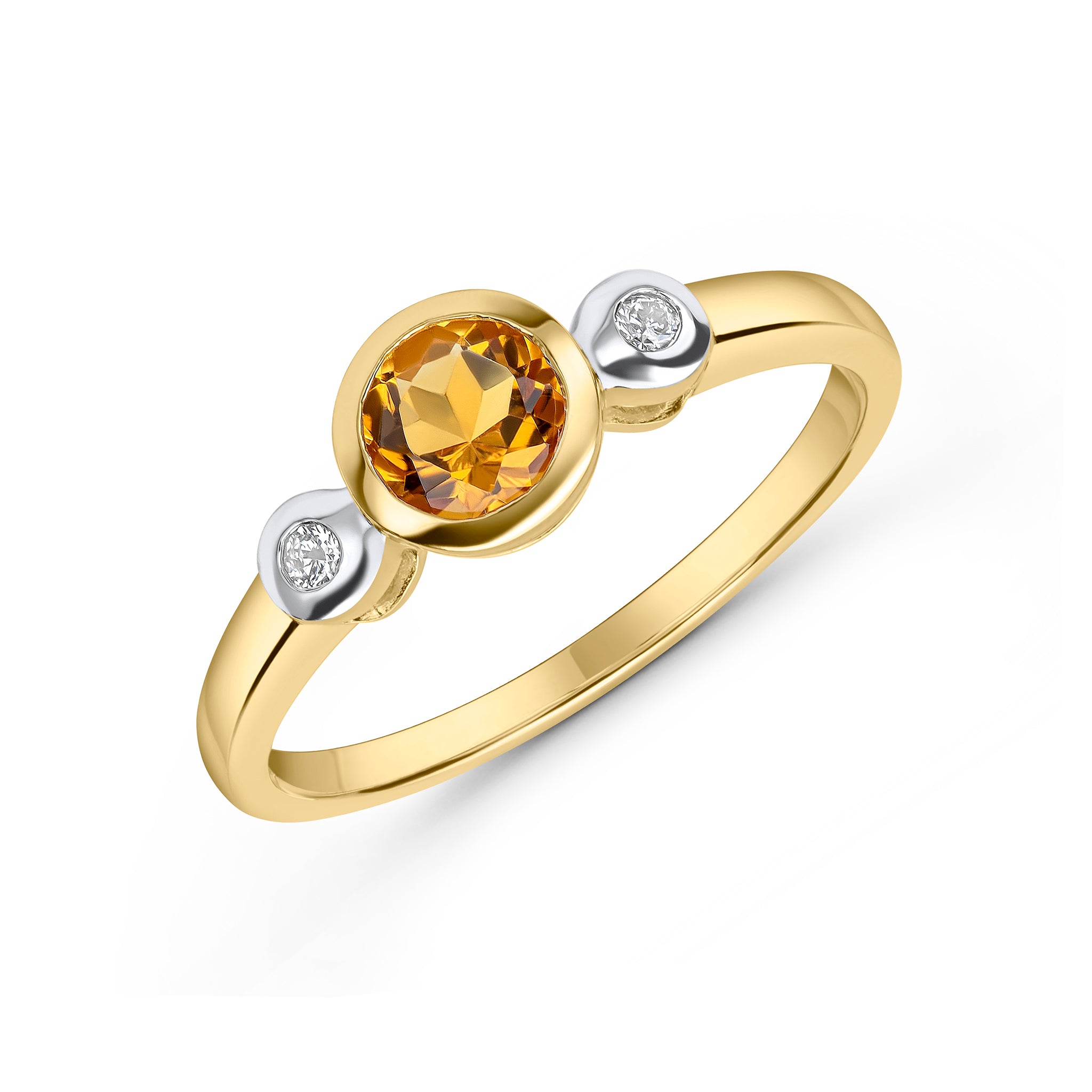 9ct Yellow Gold 5mm Round Citrine and Diamond Rubover 3 Stone Ring Rhodium to Diamonds