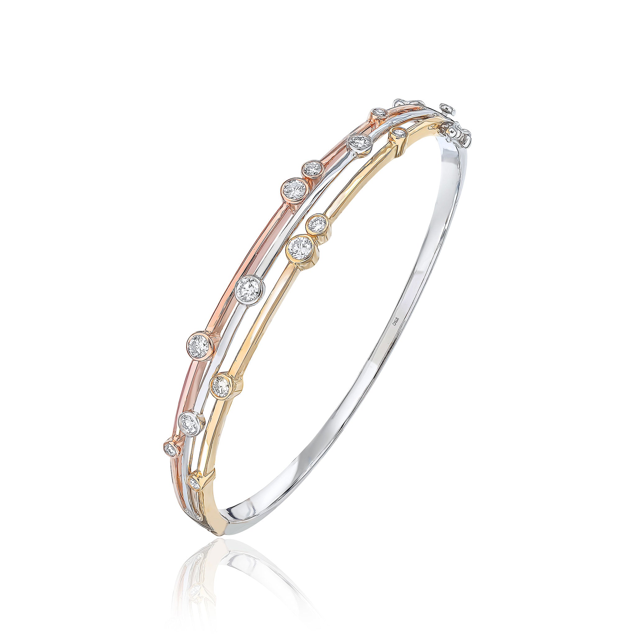 9ct Yellow White and Rose Gold Rubover Round Diamond 3 Row Bubble Hinged Bangle 1ct Total