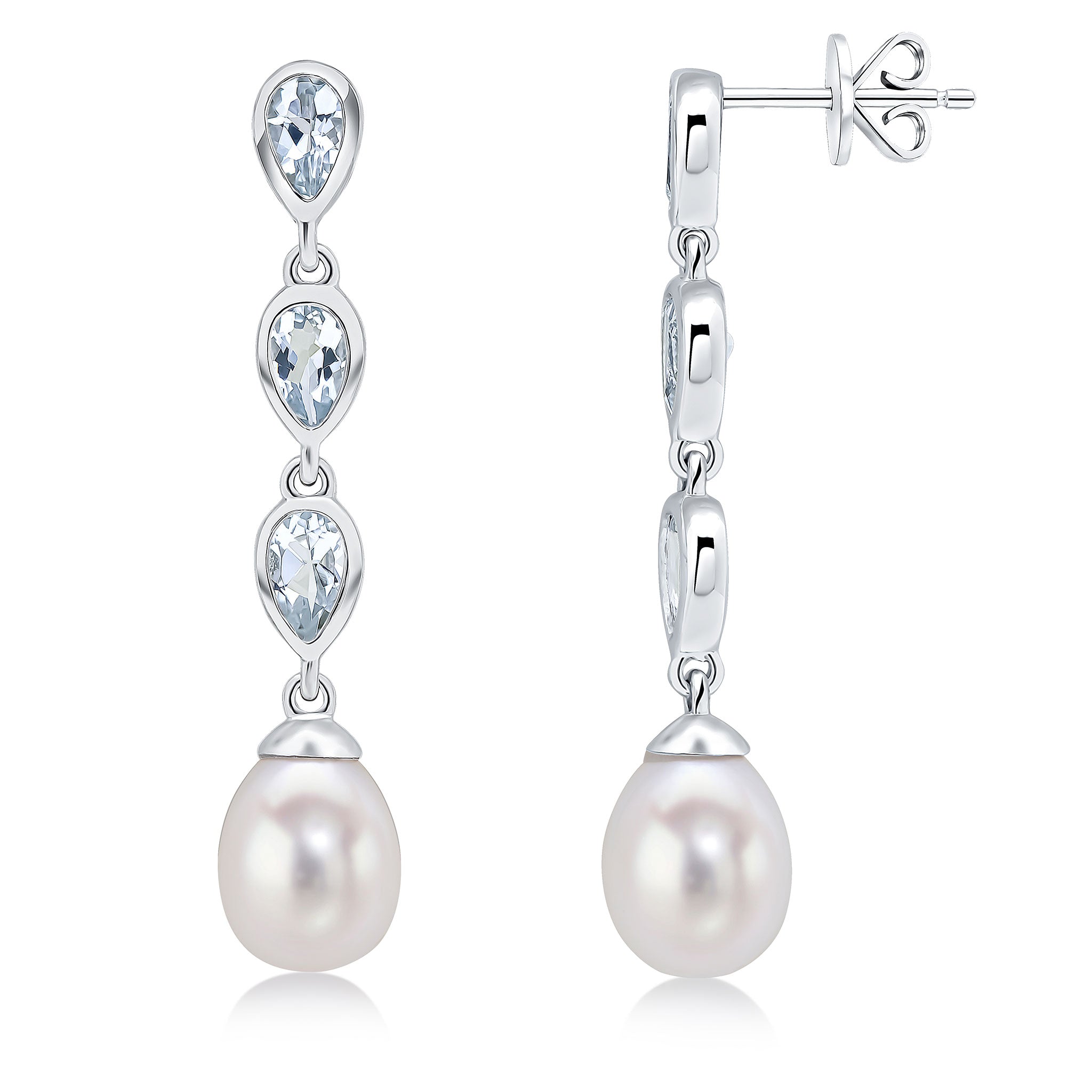 9ct White Gold Pearl & Triple Pear Shape Aquamarine Drop Earrings