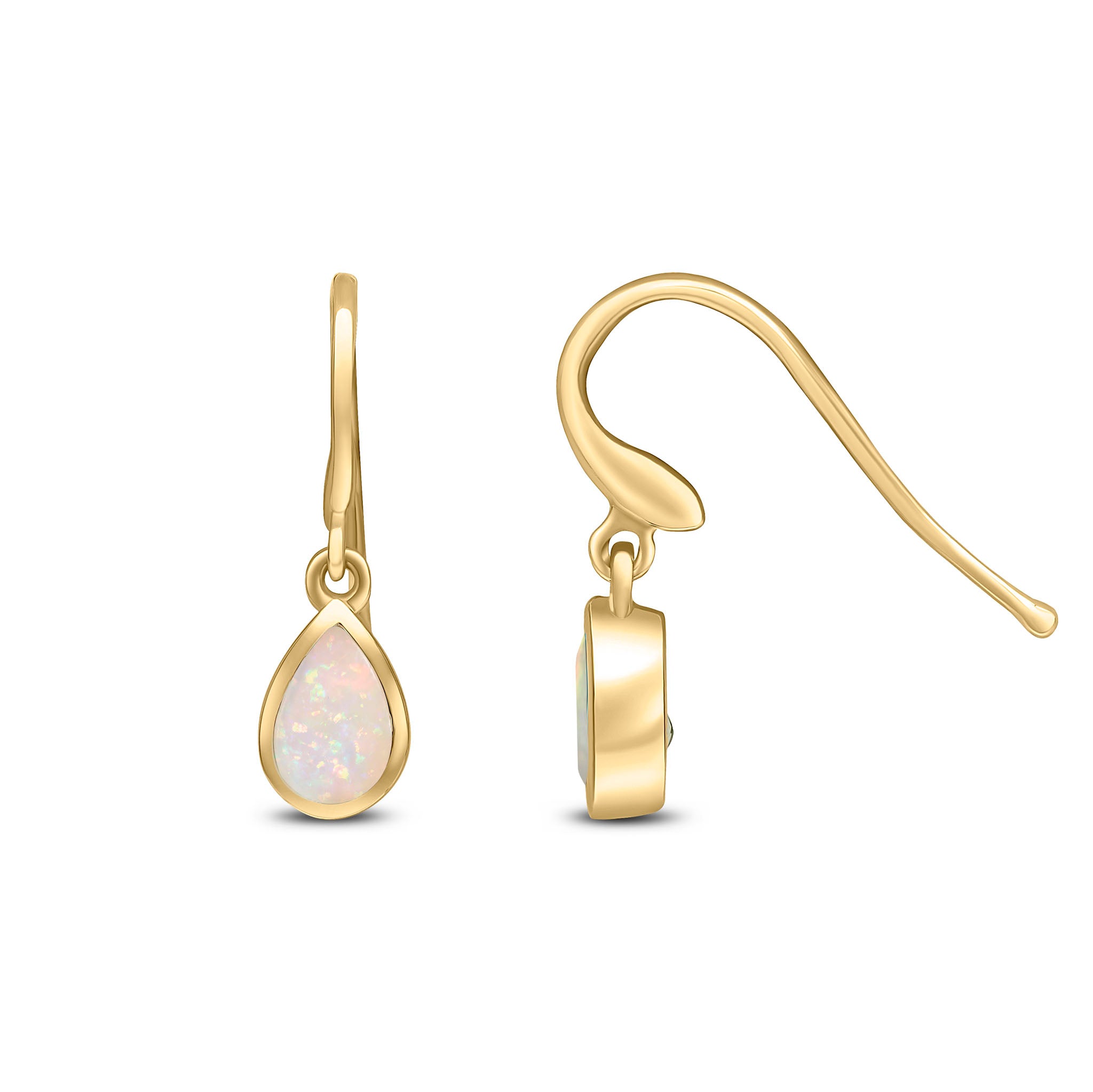 9ct Yellow Gold 6x4 Pear Shape Opal Rubover Drop Earrings Hook Wire Fitting