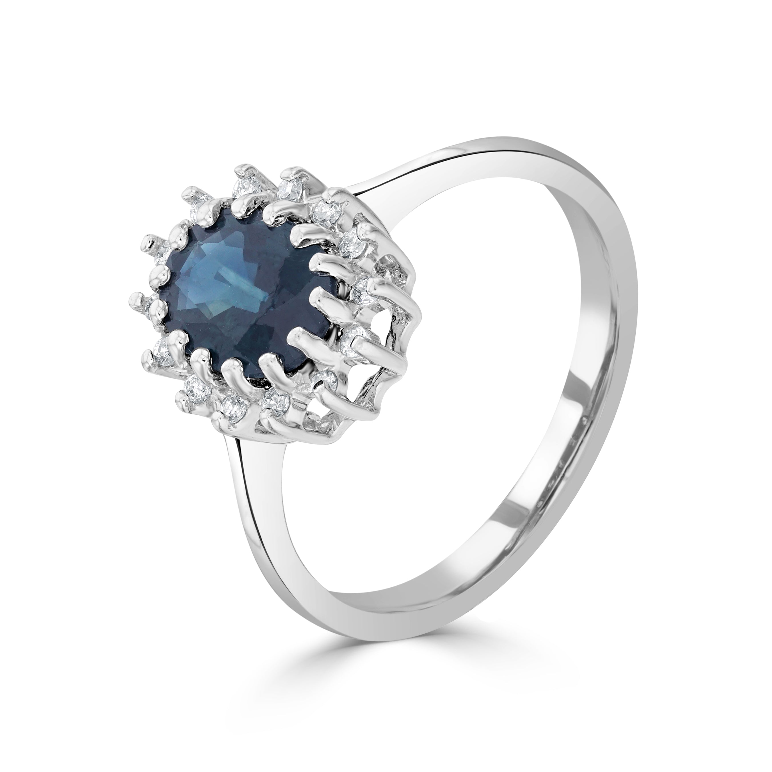 9ct White Gold 8x6 Oval Sapphire & Diamond Claw Set Cluster Ring