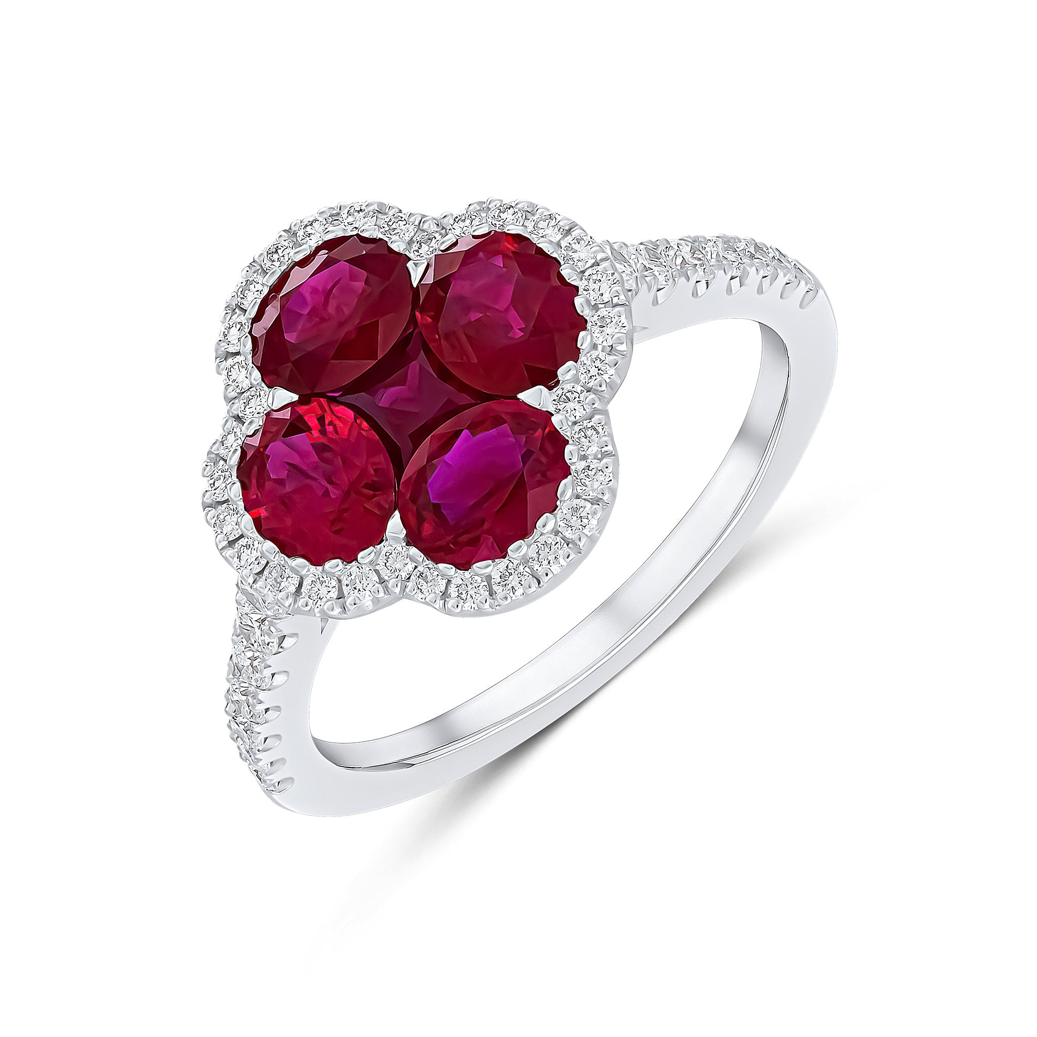 18ct White Gold Round and Square Ruby Quatrefoil Cluster Ring with Diamond Set Shoulders