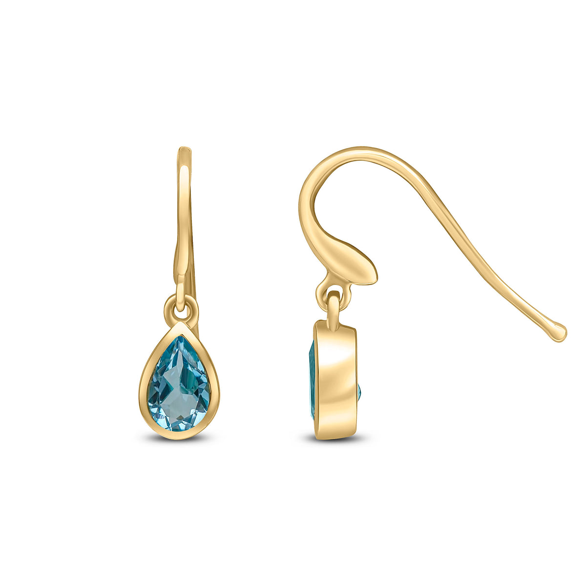 9ct Yellow Gold 6x4 Pear Shape Swiss Blue Topaz Rubover Drop Earrings Hook Wire Fitting