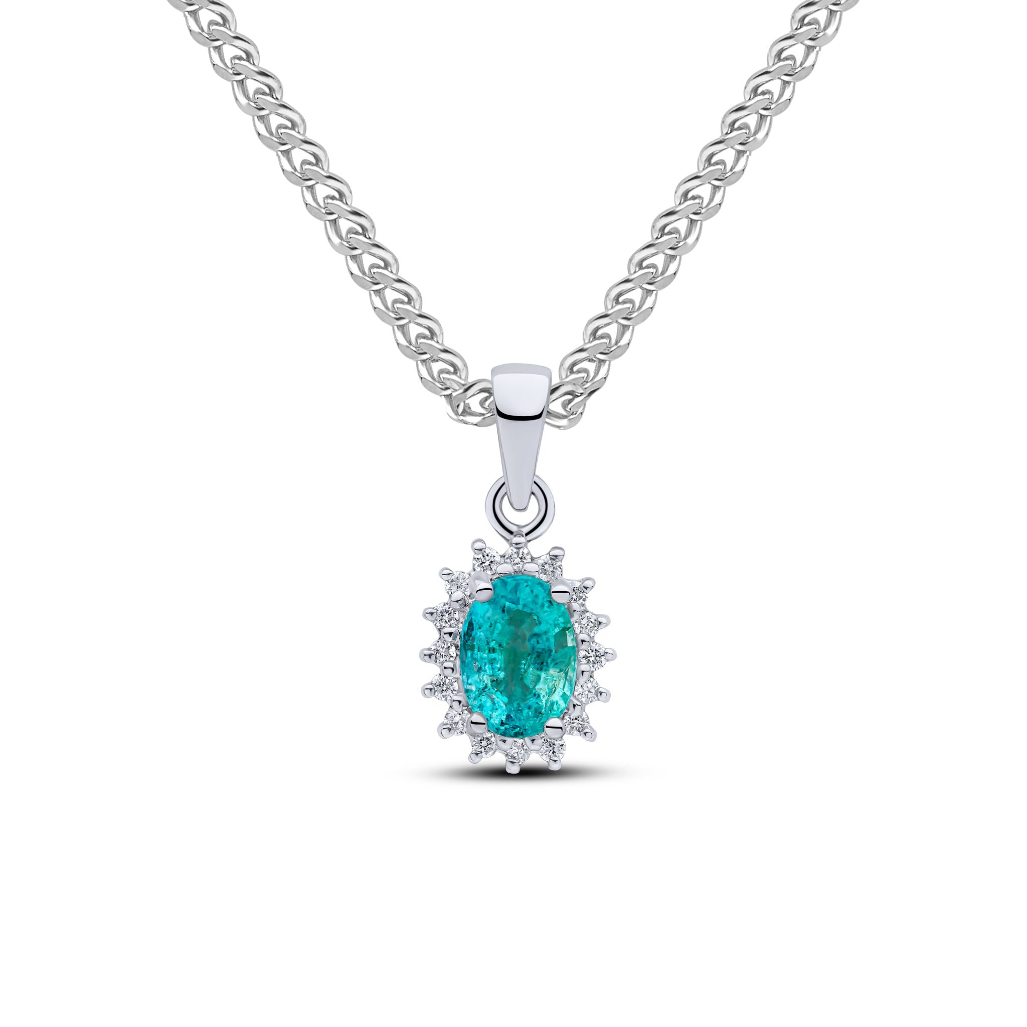 9ct White Gold Oval Em & Diamond Cluster Pend