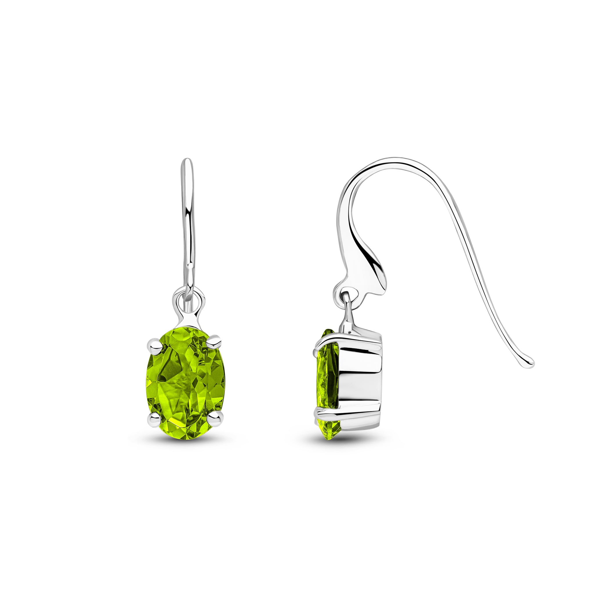 9ct white gold 7 x 5mm oval Peridot Claw Set Drop Earrings With Hook Wire Fitting